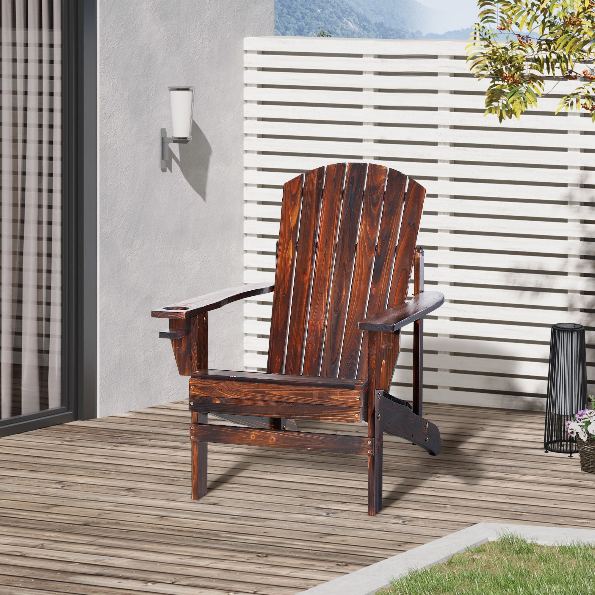 Oversized Adirondack Chair, Outdoor Fire Pit and Porch Seating, Classic Log Lounge w/ Built-in Cupholder for Patio, Lawn, Deck, Brown