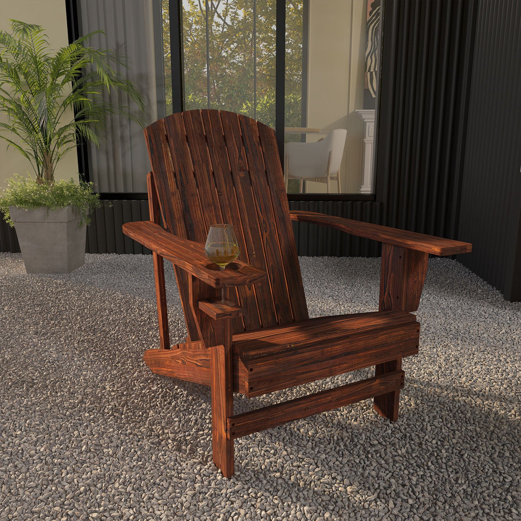 Oversized Adirondack Chair, Outdoor Fire Pit and Porch Seating, Classic Log Lounge w/ Built-in Cupholder for Patio, Lawn, Deck, Brown