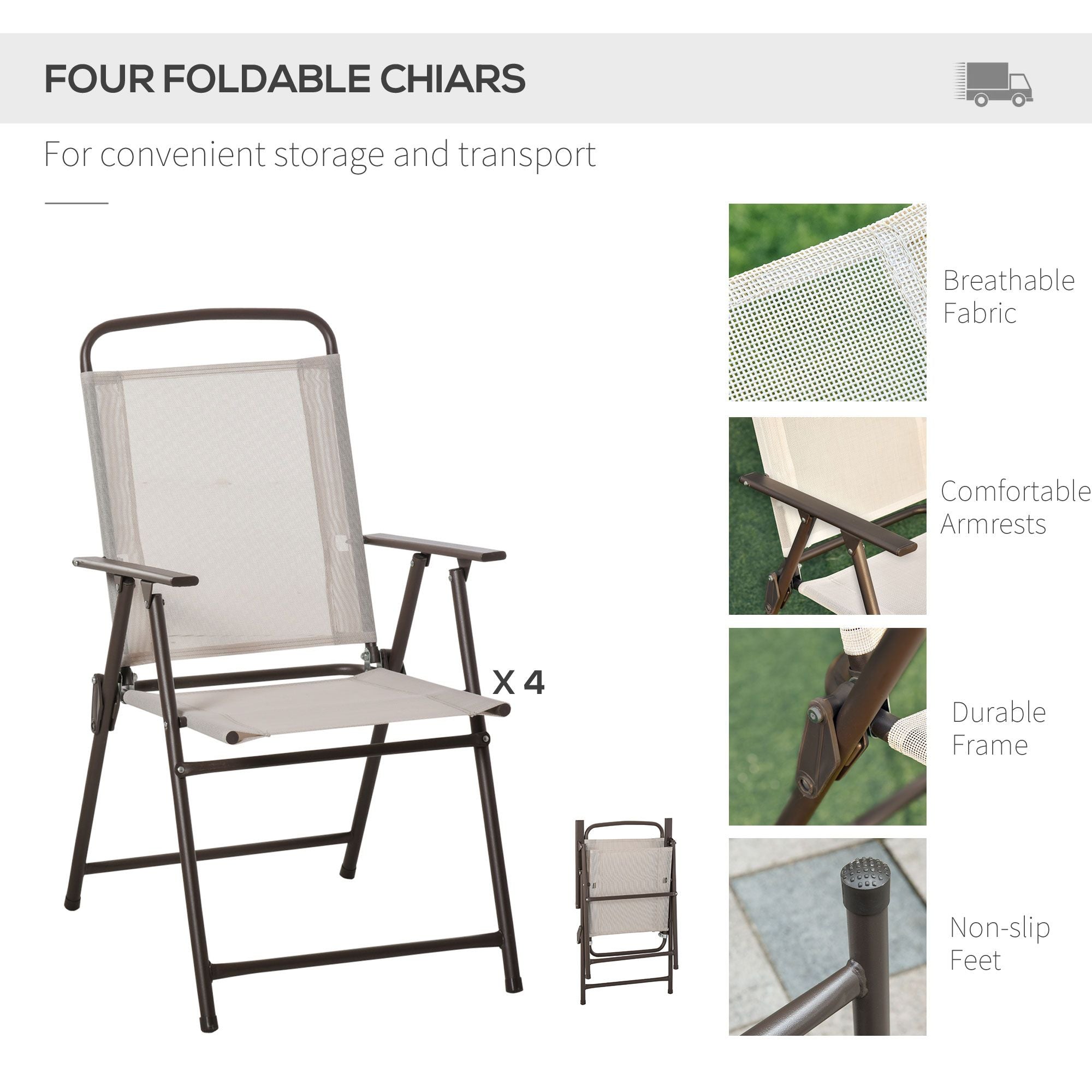 6-Piece Patio Dining Set with Umbrella, Folding Chairs & Glass Table, Beige - Outdoor Meal Setup