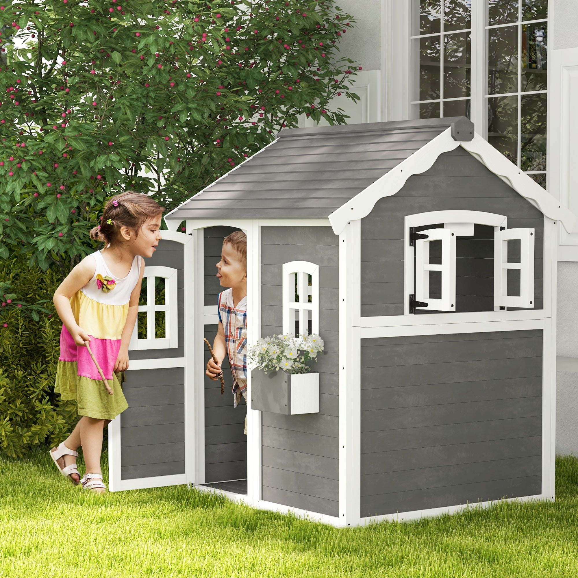 Kids' Wooden Playhouse, Outdoor with Floors, Doors, Windows, Planter Box for Ages 3-8, Backyard or Garden