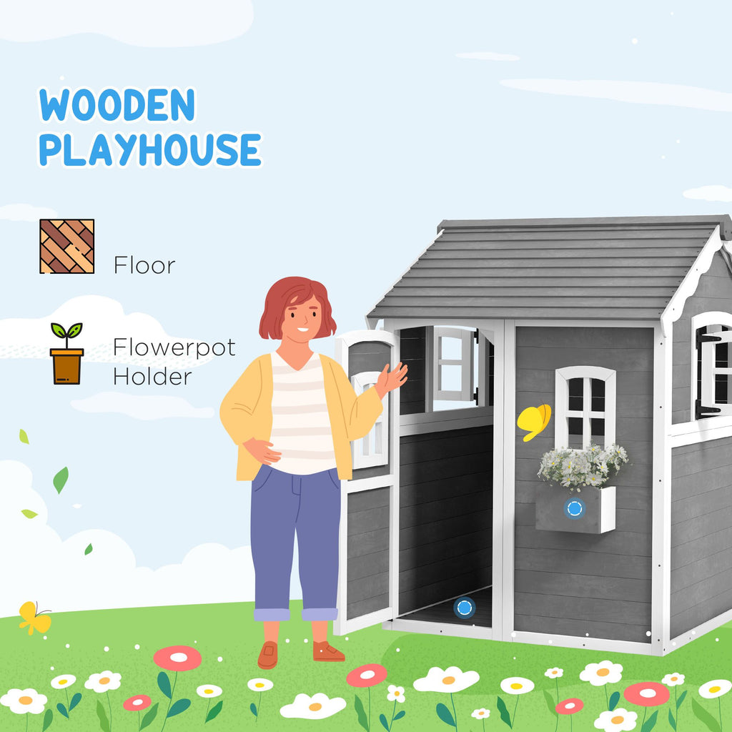 Kids' Wooden Playhouse, Outdoor with Floors, Doors, Windows, Planter Box for Ages 3-8, Backyard or Garden