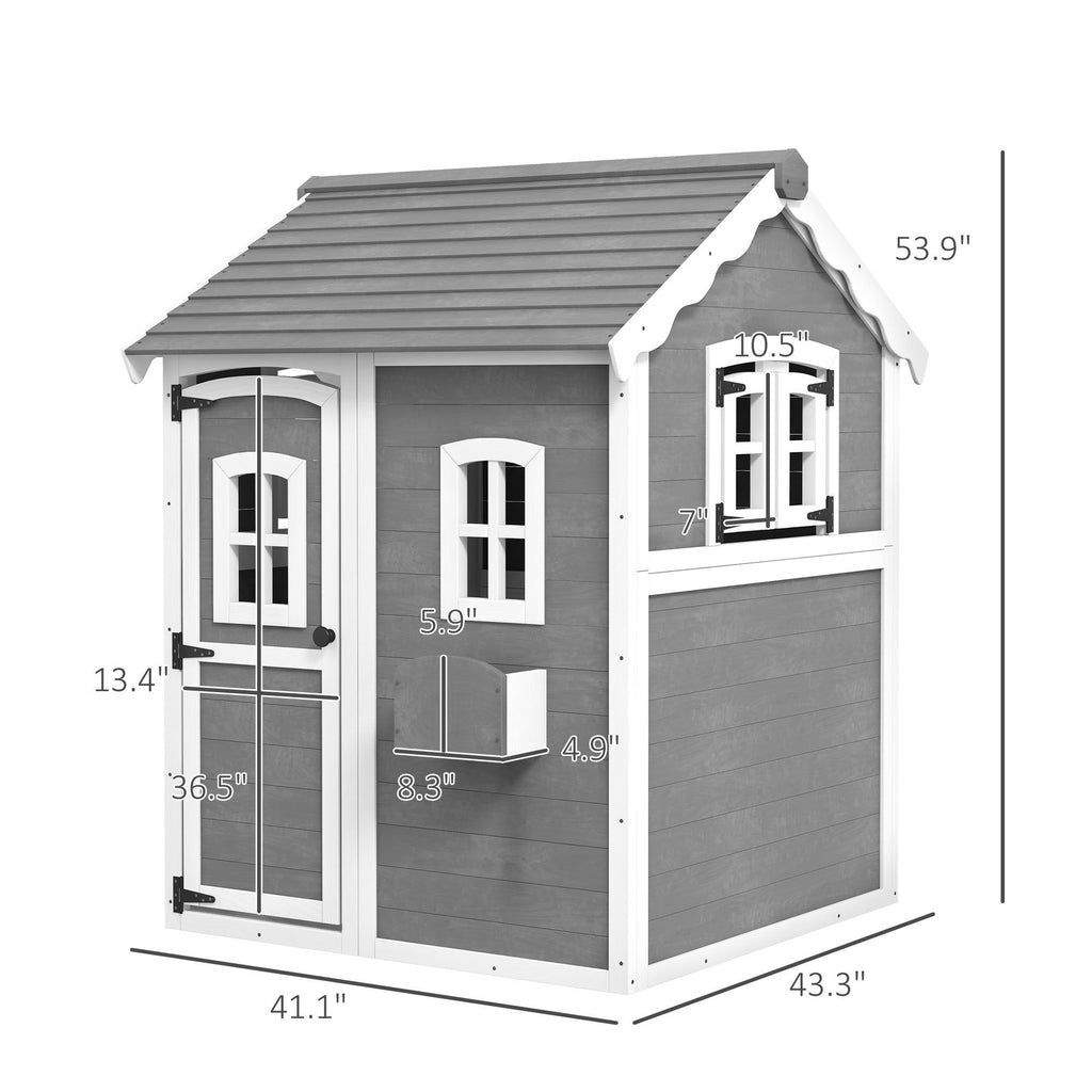 Kids' Wooden Playhouse, Outdoor with Floors, Doors, Windows, Planter Box for Ages 3-8, Backyard or Garden