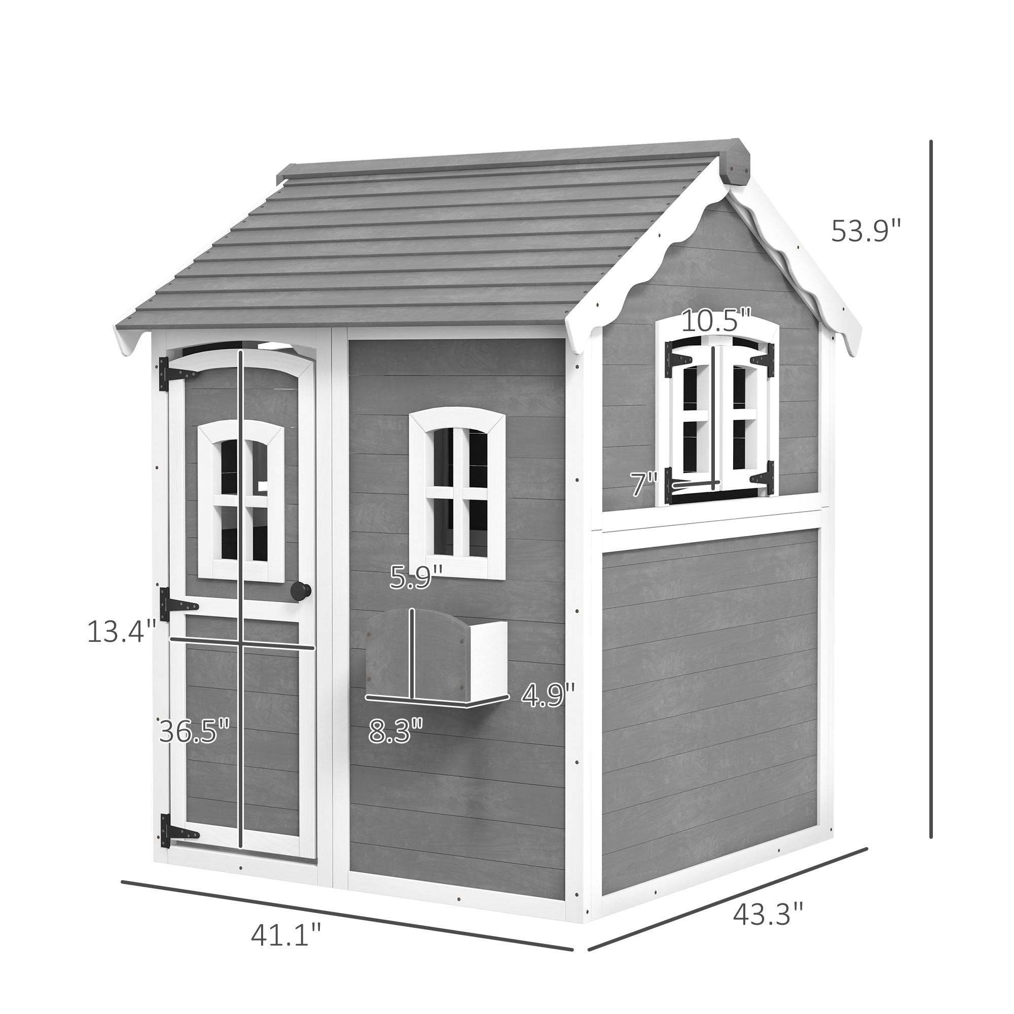 Kids' Wooden Playhouse, Outdoor with Floors, Doors, Windows, Planter Box for Ages 3-8, Backyard or Garden