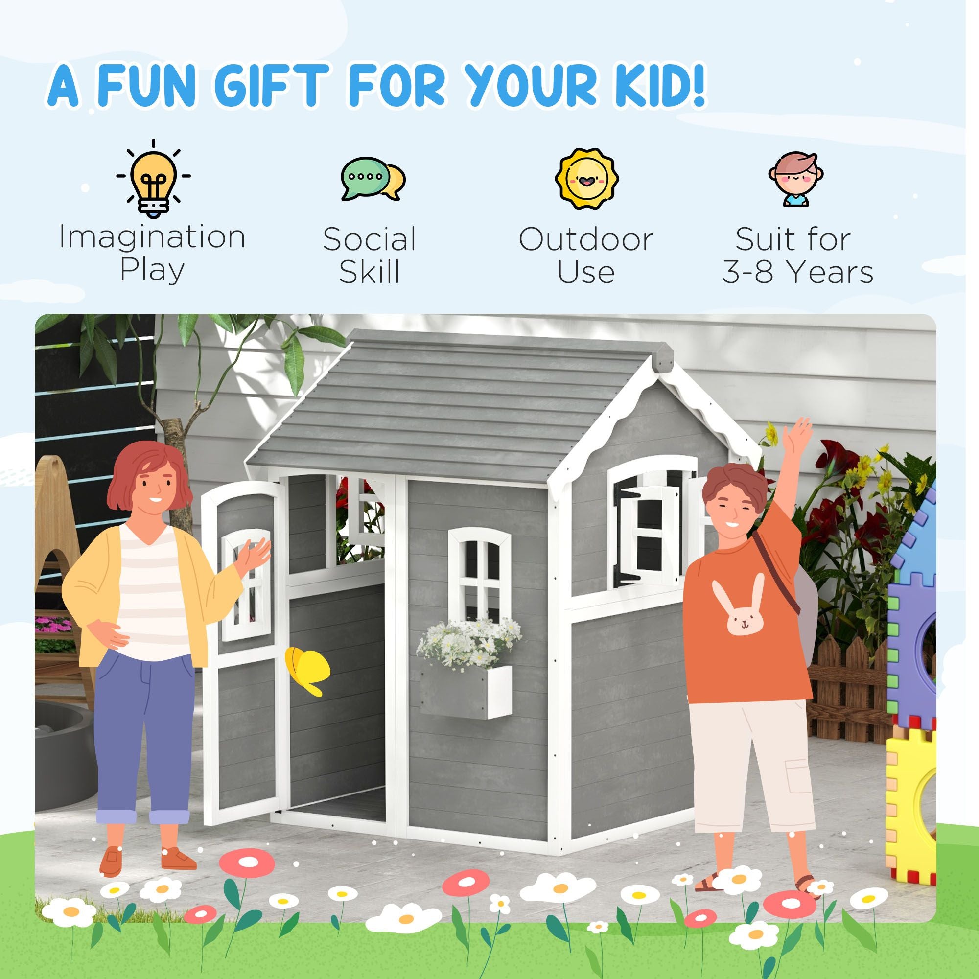 Kids' Wooden Playhouse, Outdoor with Floors, Doors, Windows, Planter Box for Ages 3-8, Backyard or Garden