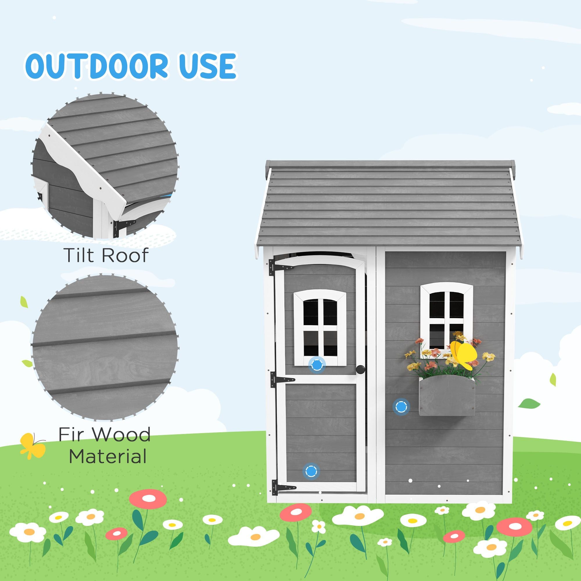 Kids' Wooden Playhouse, Outdoor with Floors, Doors, Windows, Planter Box for Ages 3-8, Backyard or Garden