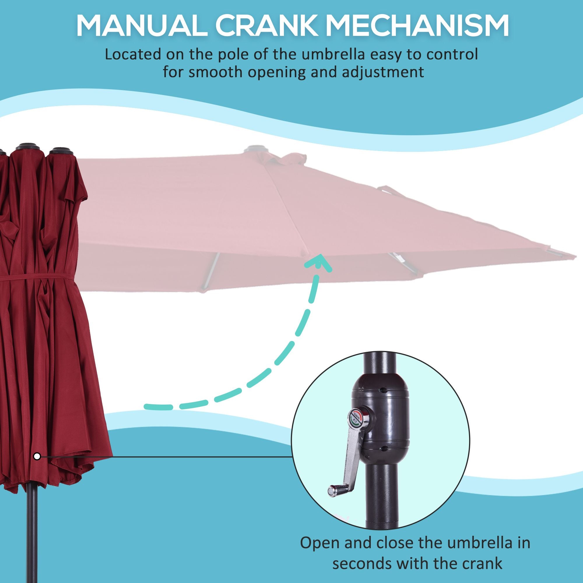 Extra Large 15ft Patio Umbrella, Double-Sided Outdoor Market Umbrella with Crank Handle for Deck, Lawn, Backyard and Pool, Wine Red