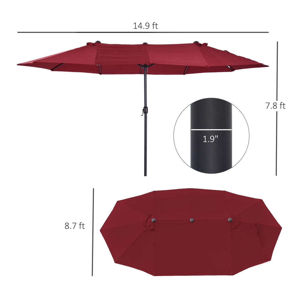 Extra Large 15ft Patio Umbrella, Double-Sided Outdoor Market Umbrella with Crank Handle for Deck, Lawn, Backyard and Pool, Wine Red