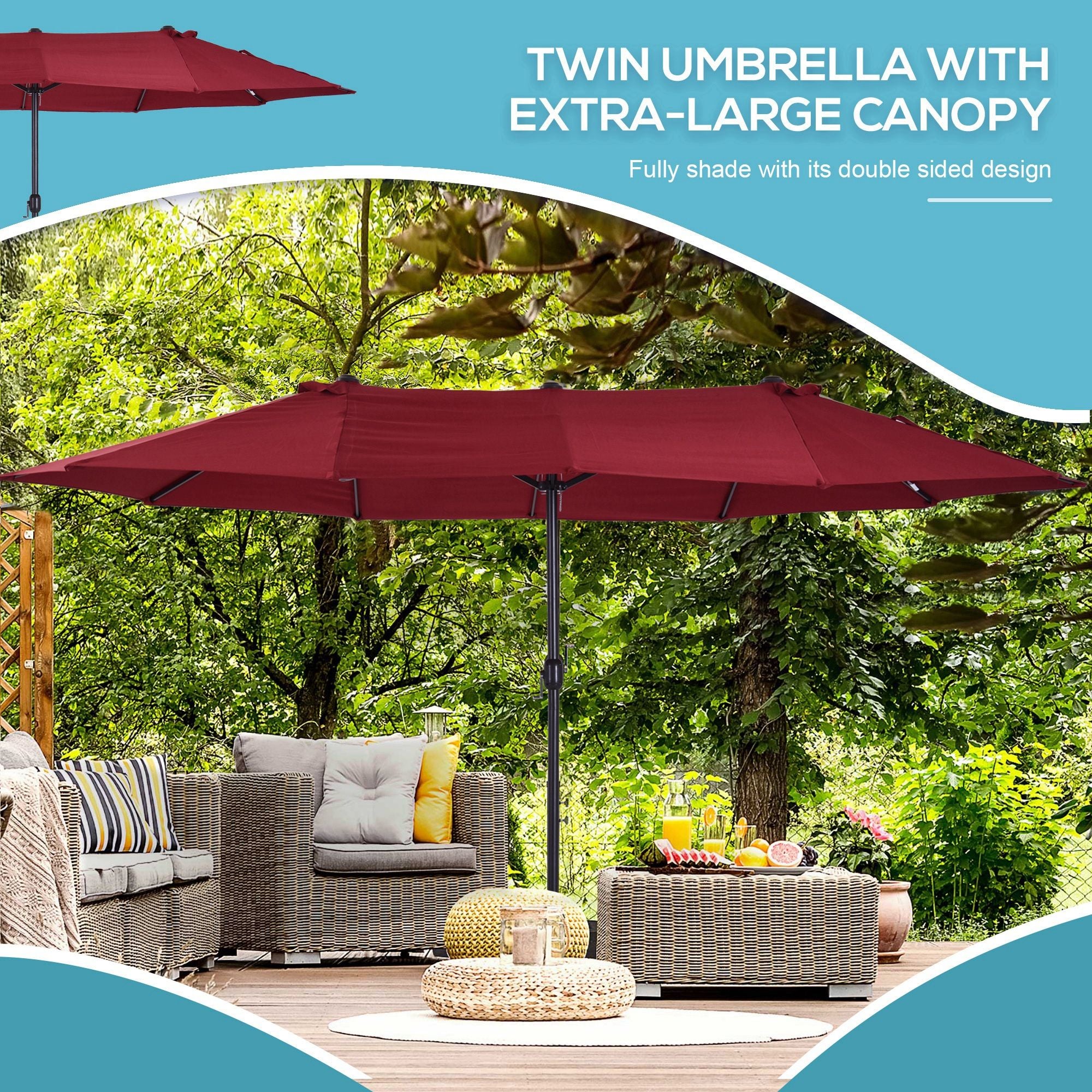 Extra Large 15ft Patio Umbrella, Double-Sided Outdoor Market Umbrella with Crank Handle for Deck, Lawn, Backyard and Pool, Wine Red