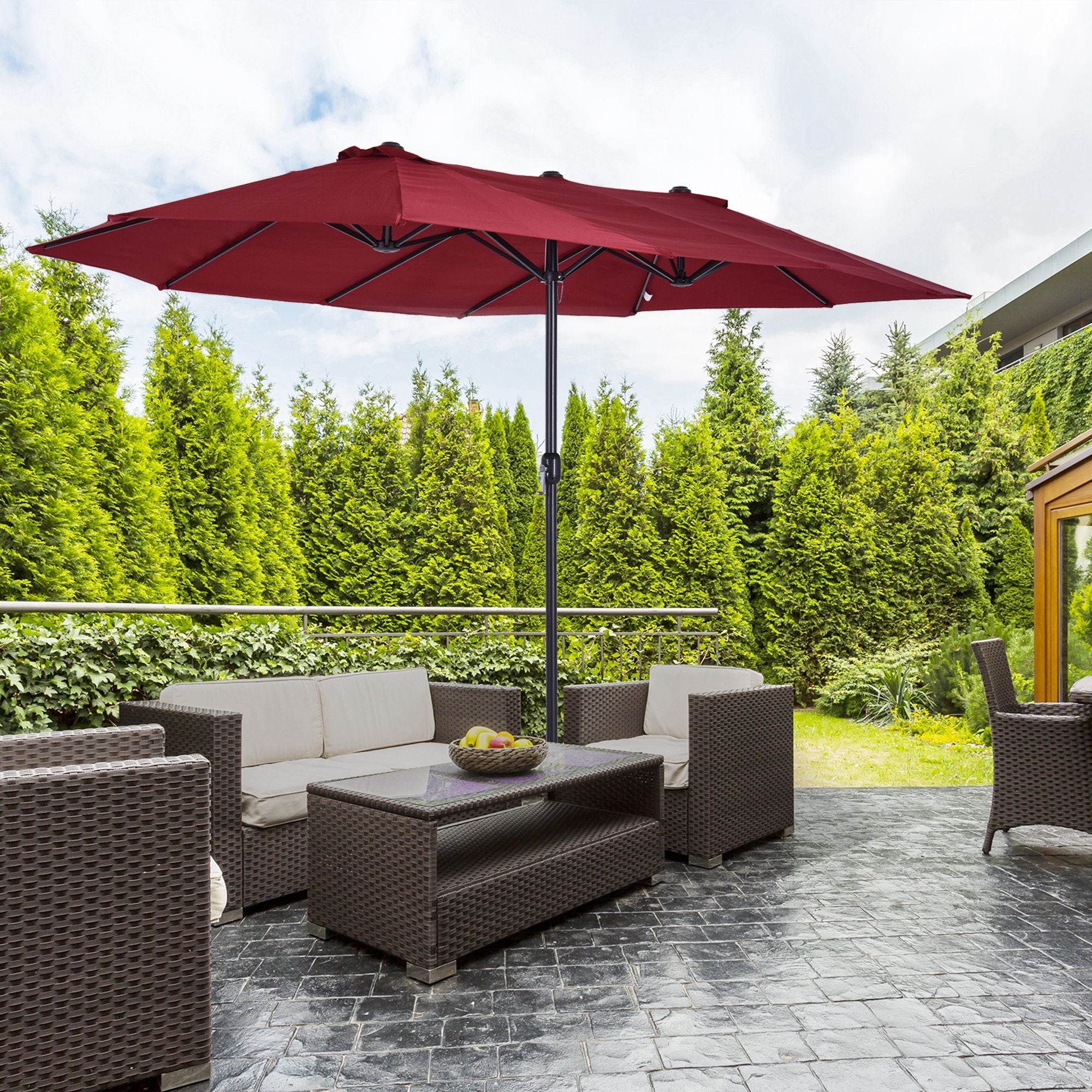 Extra Large 15ft Patio Umbrella, Double-Sided Outdoor Market Umbrella with Crank Handle for Deck, Lawn, Backyard and Pool, Wine Red