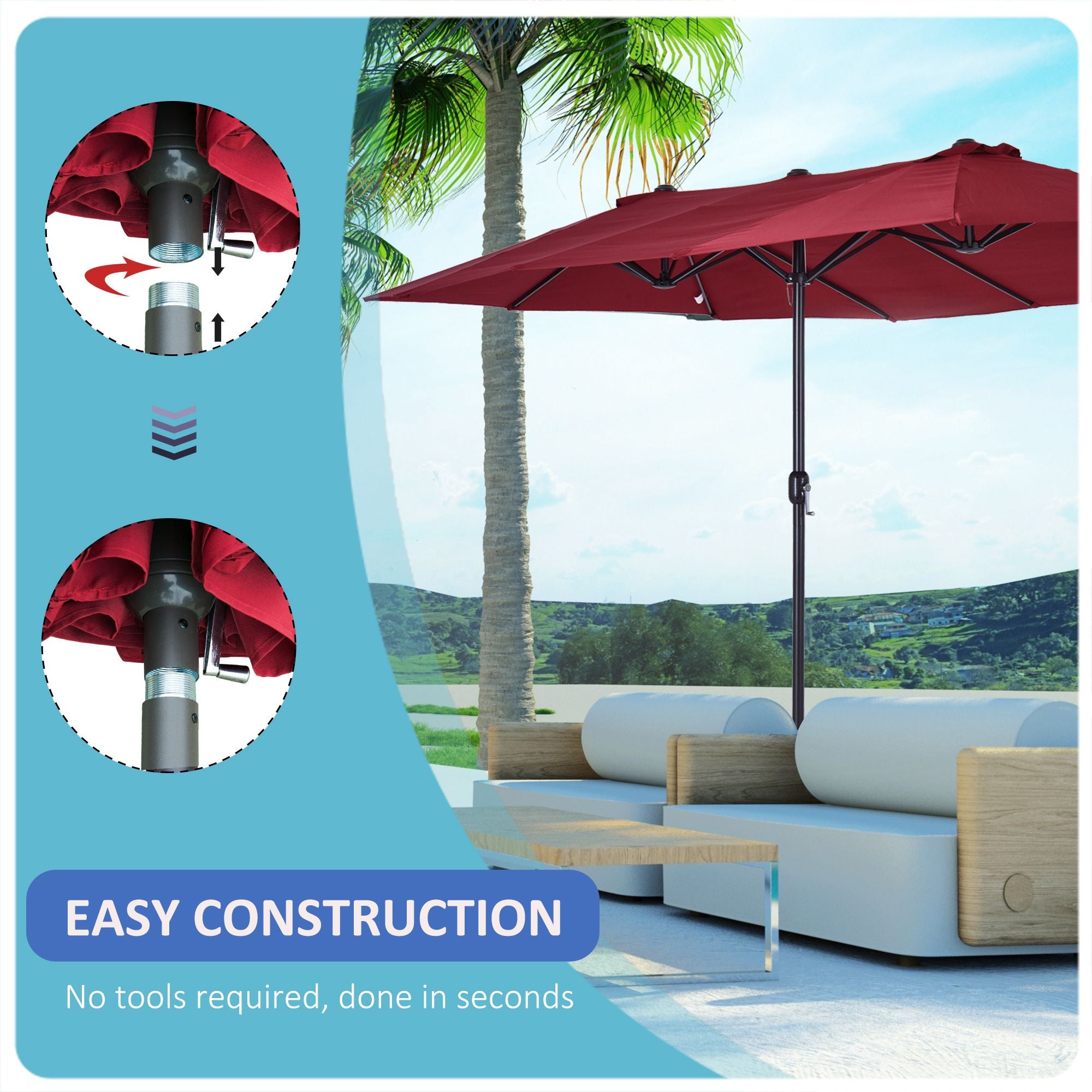 Extra Large 15ft Patio Umbrella, Double-Sided Outdoor Market Umbrella with Crank Handle for Deck, Lawn, Backyard and Pool, Wine Red