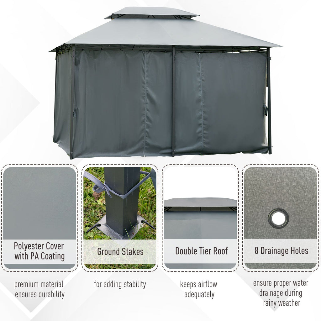 10' x 13' Outdoor Soft Top Gazebo Pergola with Curtains, 2-Tier Steel Frame Gazebo for Patio, Sage Gray