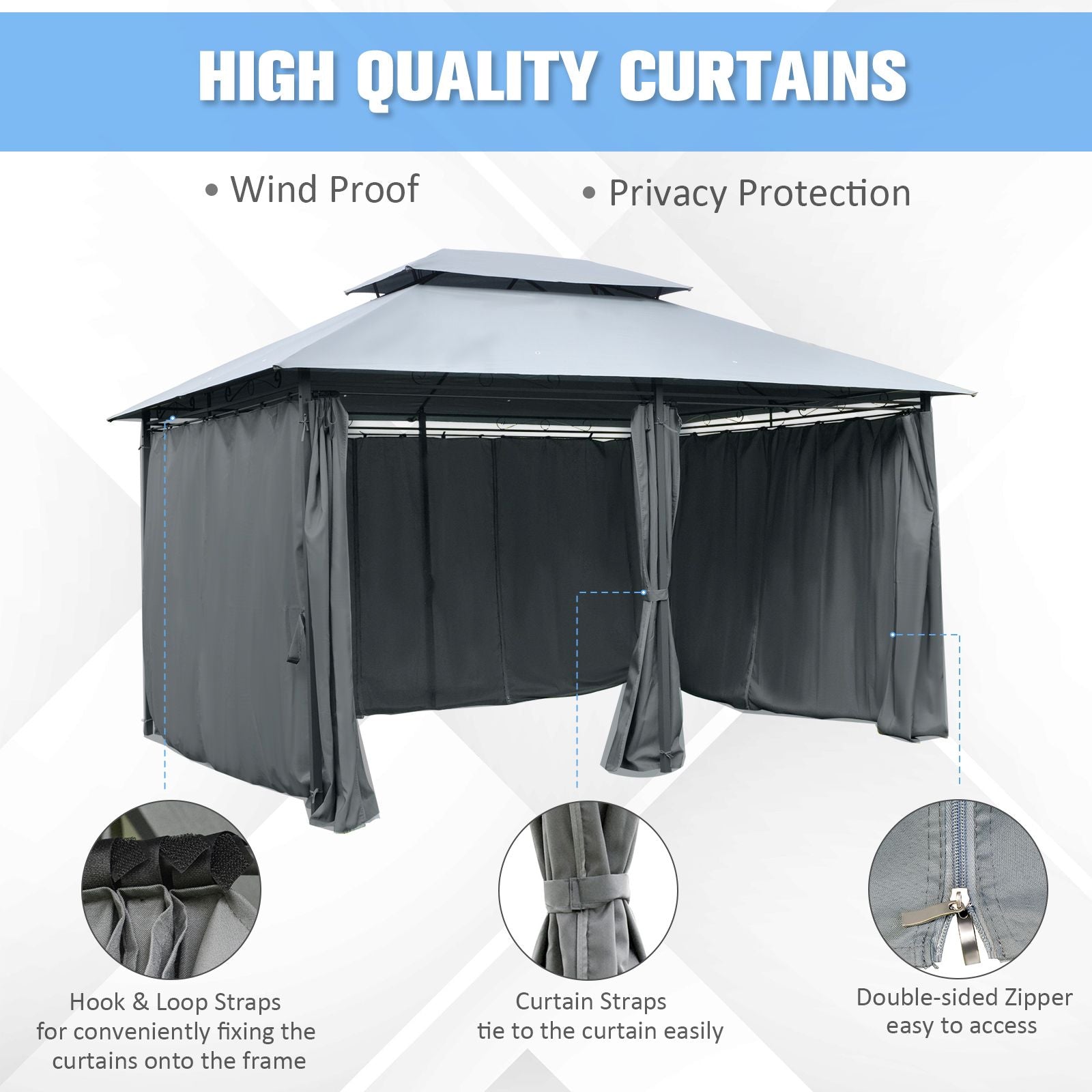 10' x 13' Outdoor Soft Top Gazebo Pergola with Curtains, 2-Tier Steel Frame Gazebo for Patio, Sage Gray