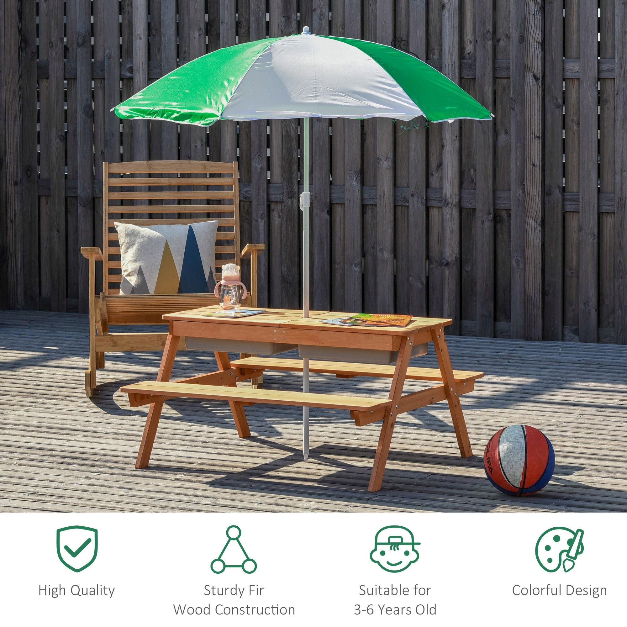Wooden Kids Picnic Table with Sandbox, Adjustable Umbrella, and Removable Parasol, Outdoor Set for Garden and Patio