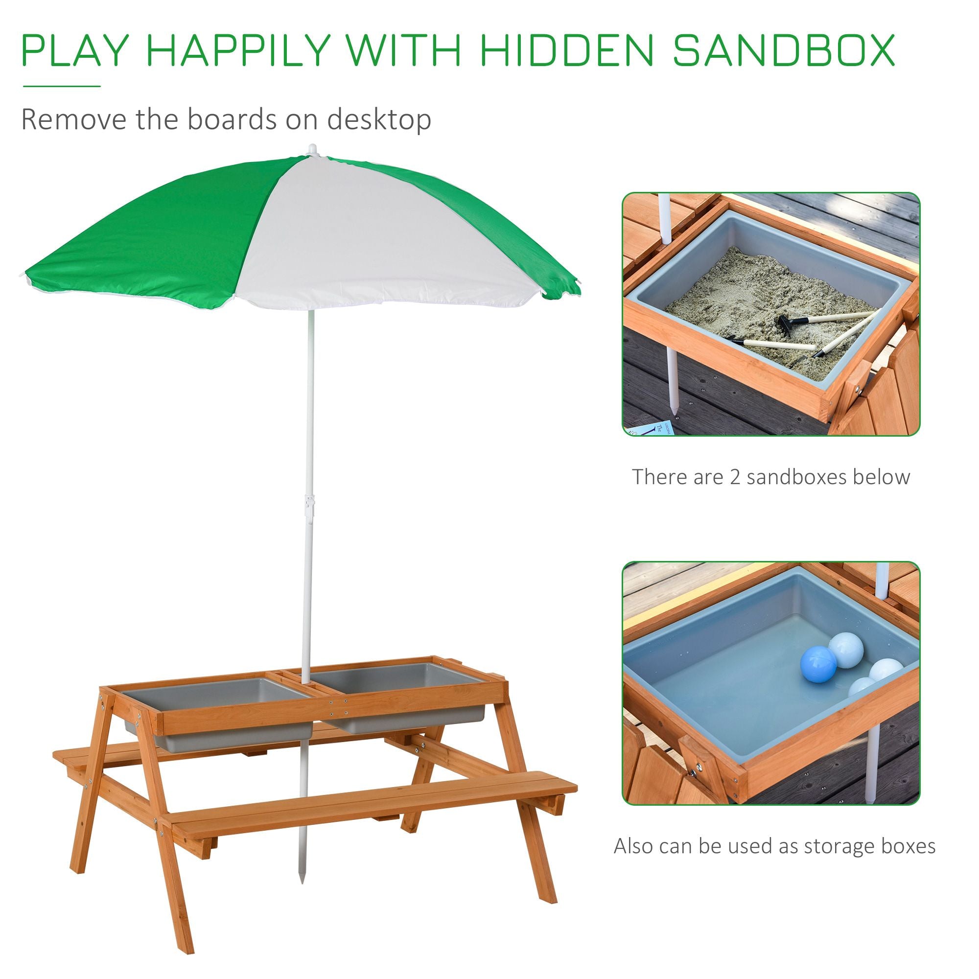 Wooden Kids Picnic Table with Sandbox, Adjustable Umbrella, and Removable Parasol, Outdoor Set for Garden and Patio