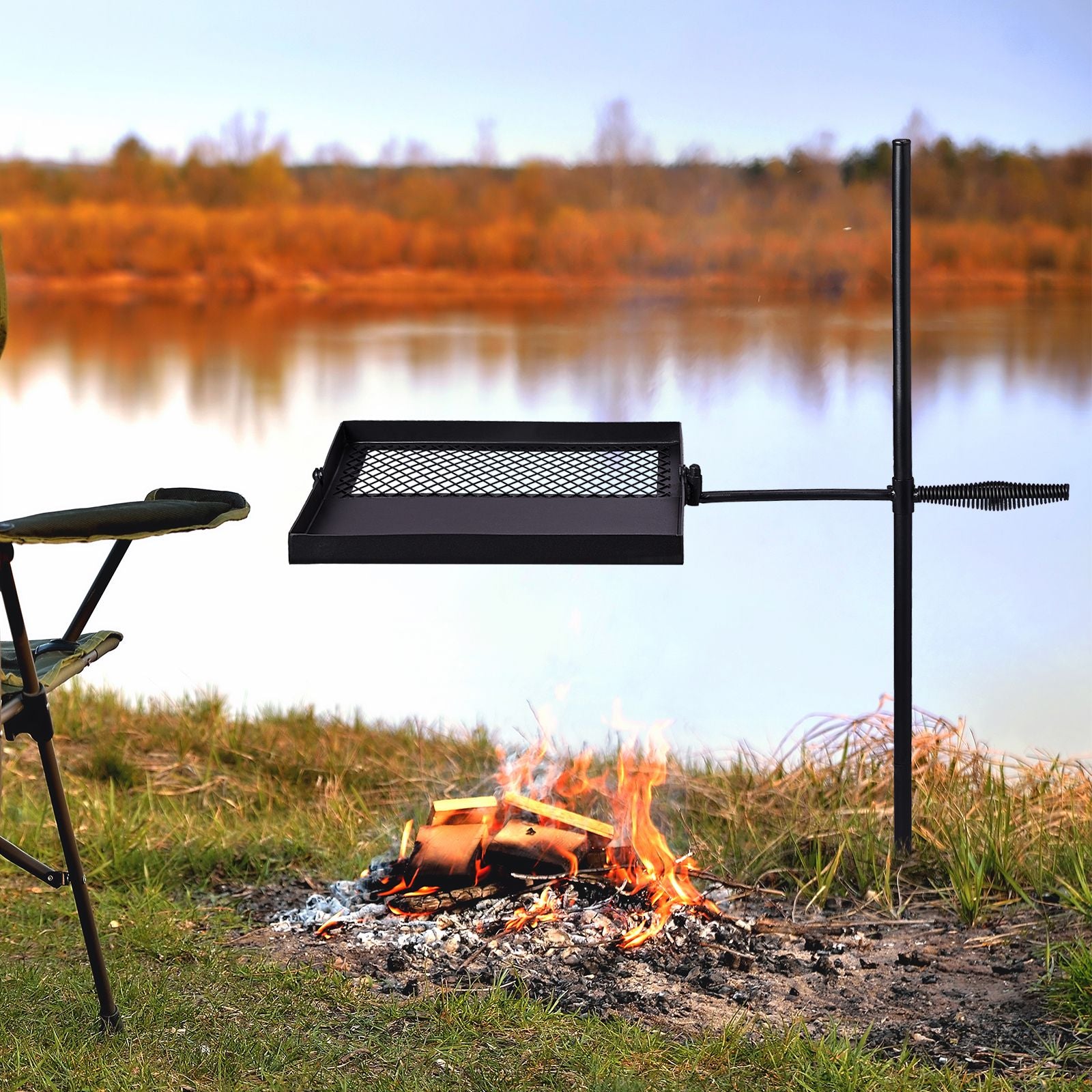 Folding Swivel Campfire Grill, Portable Cooking Grate over Fire Pit, Lightweight Grate & Camp Fire Rack with Carrying Bag for Outdoor Camping BBQ, Black