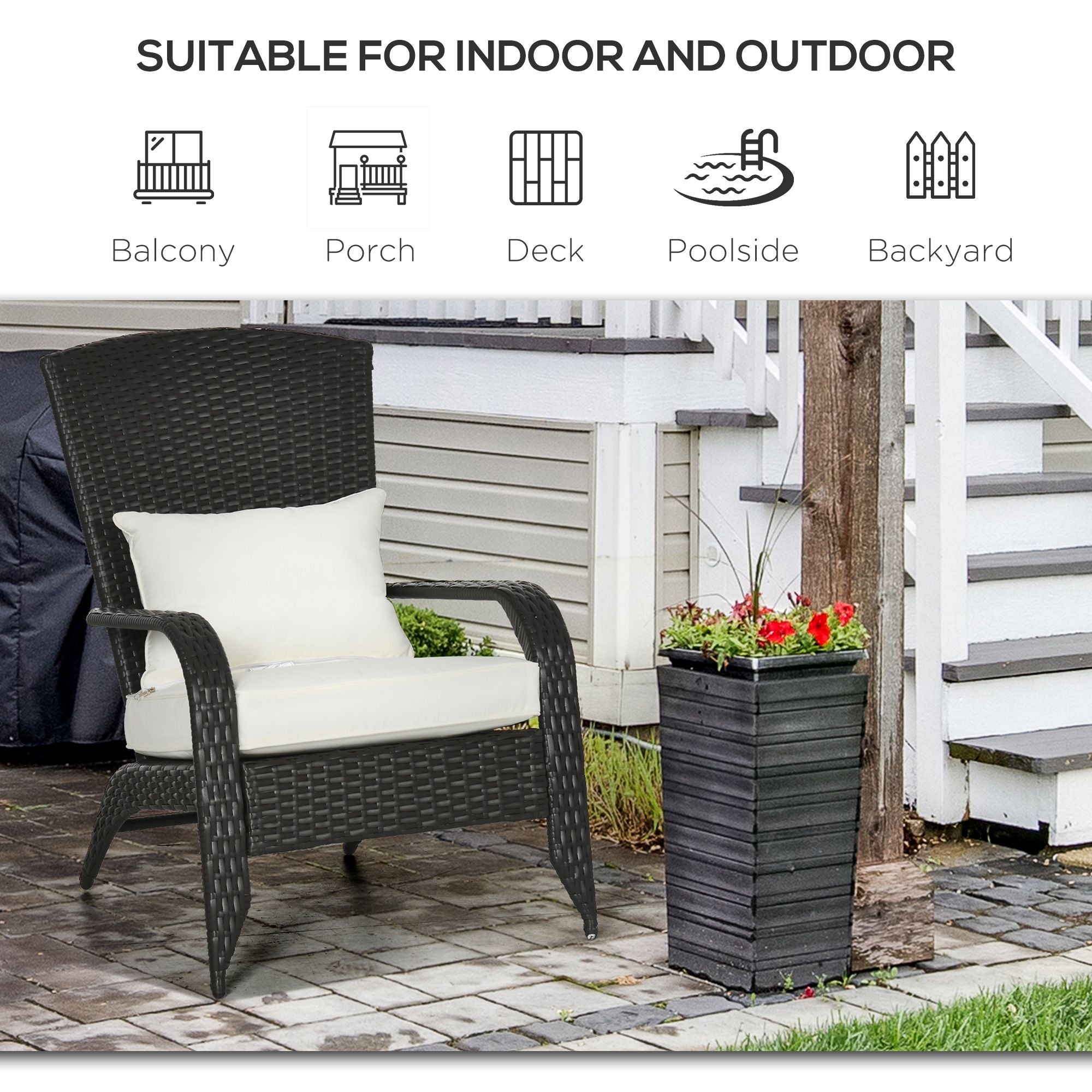 Wicker Adirondack Chair, Outdoor All-Weather Rattan Fire Pit Chair w/ Soft Cushions, Tall Curved Backrest, Cream White