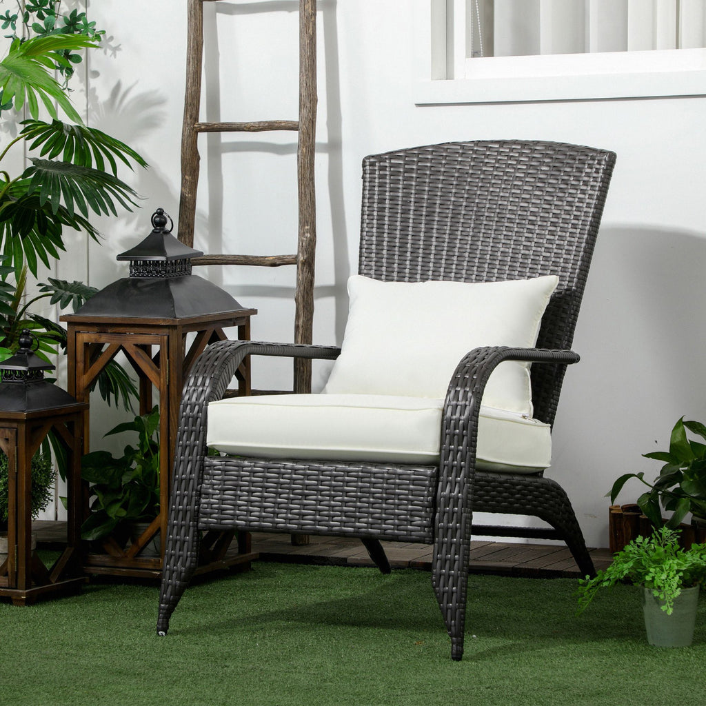 Wicker Adirondack Chair, Outdoor All-Weather Rattan Fire Pit Chair w/ Soft Cushions, Tall Curved Backrest, Cream White