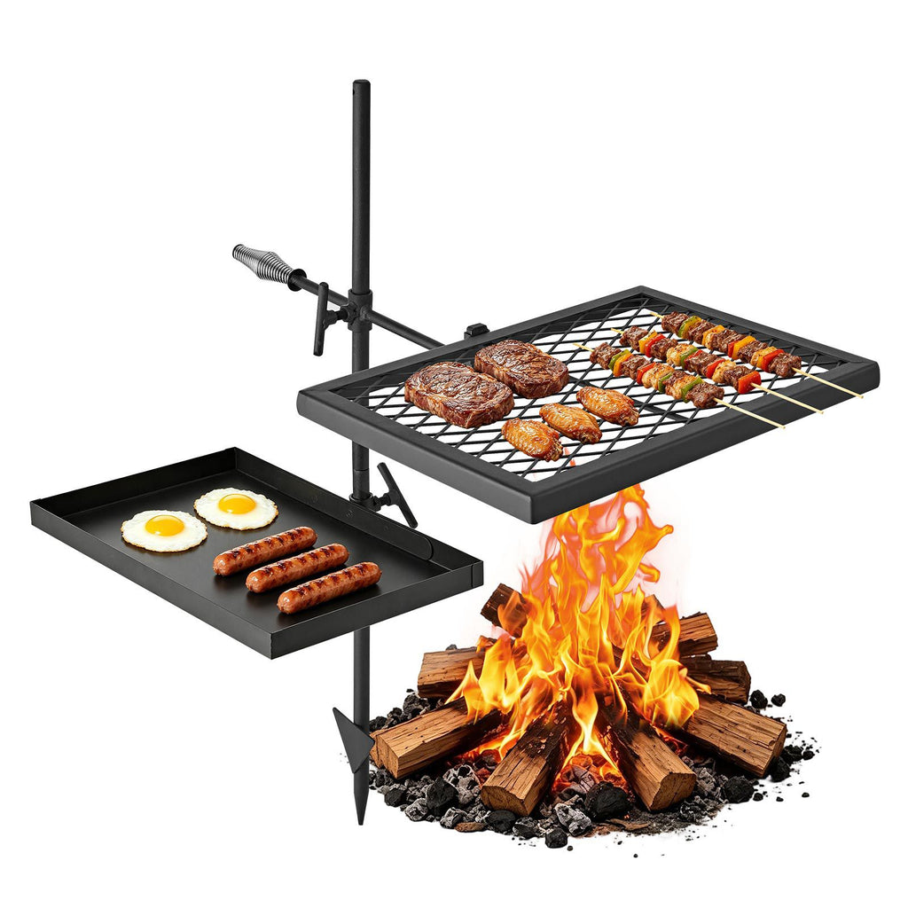 Heavy Duty Swivel Campfire Grill, Double Layer Portable Camping Grill Grate & Griddle, Sturdy Steel BBQ Mesh, 360° Height Adjustable Over Fire Pit, for Outdoor Open Flame Cooking, Black