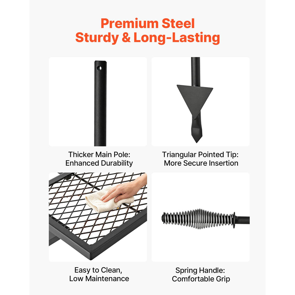 Heavy Duty Swivel Campfire Grill, Double Layer Portable Camping Grill Grate & Griddle, Sturdy Steel BBQ Mesh, 360° Height Adjustable Over Fire Pit, for Outdoor Open Flame Cooking, Black