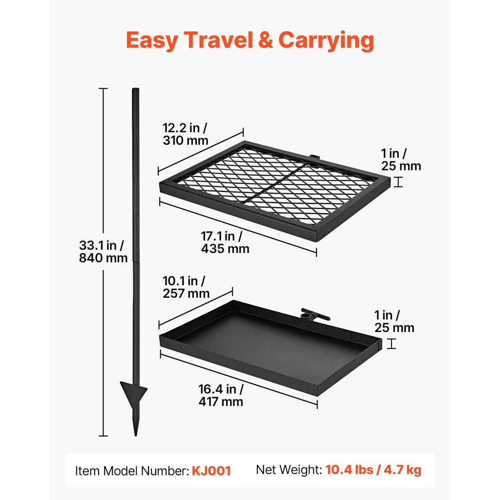 Heavy Duty Swivel Campfire Grill, Double Layer Portable Camping Grill Grate & Griddle, Sturdy Steel BBQ Mesh, 360° Height Adjustable Over Fire Pit, for Outdoor Open Flame Cooking, Black