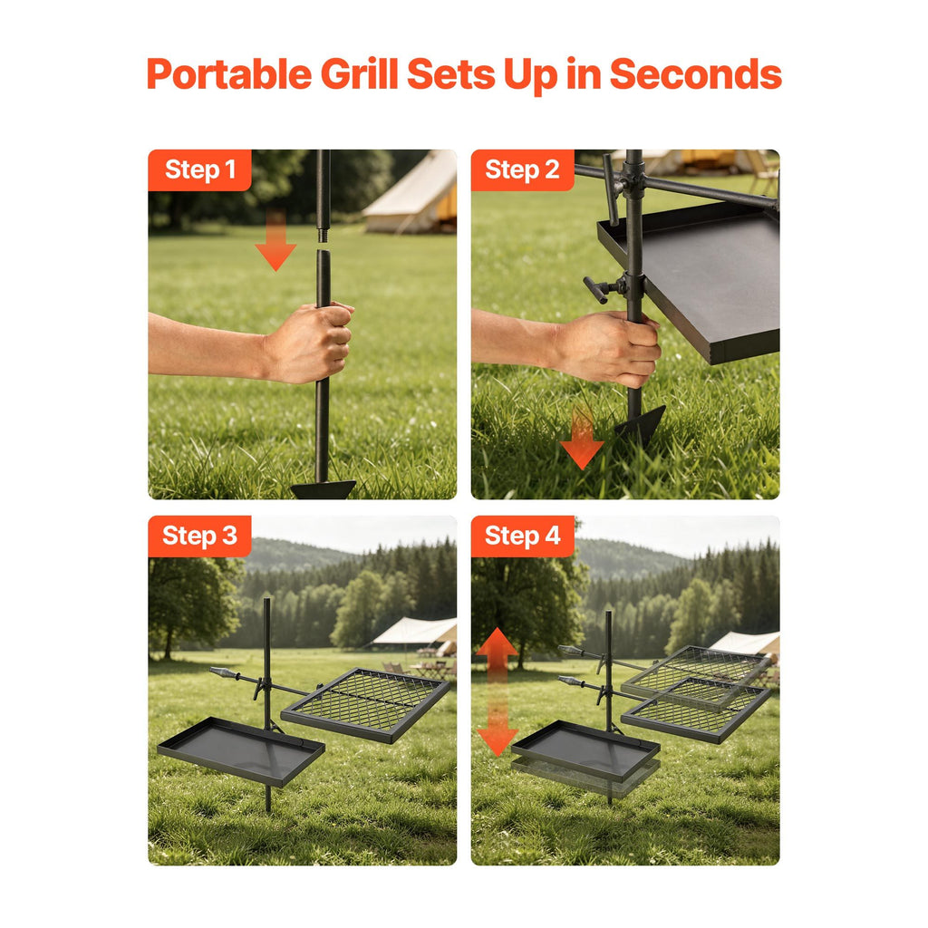 Heavy Duty Swivel Campfire Grill, Double Layer Portable Camping Grill Grate & Griddle, Sturdy Steel BBQ Mesh, 360° Height Adjustable Over Fire Pit, for Outdoor Open Flame Cooking, Black