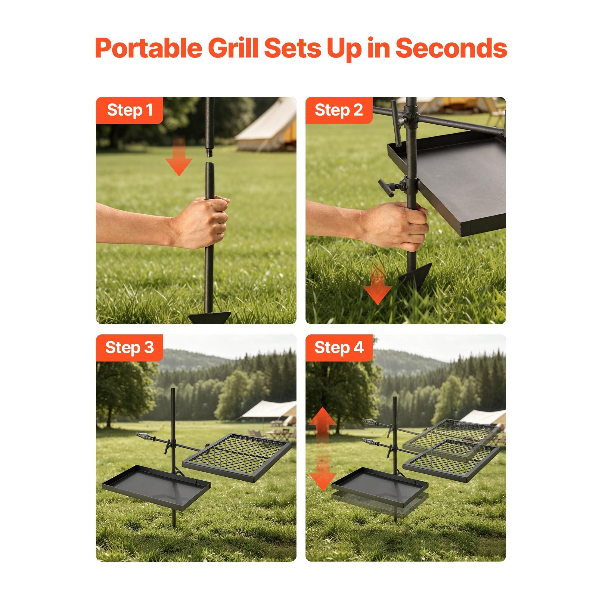 Heavy Duty Swivel Campfire Grill, Double Layer Portable Camping Grill Grate & Griddle, Sturdy Steel BBQ Mesh, 360° Height Adjustable Over Fire Pit, for Outdoor Open Flame Cooking, Black