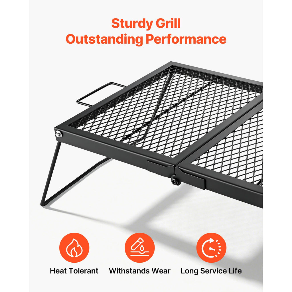 Heavy Duty Folding Campfire Grill, 24" Portable Camping Grill Grate, Sturdy Steel Mesh, Compact Equipment Over Fire Pit, with Legs and Handle, Grilling Rack for Outdoor Open Flame Cooking, Black