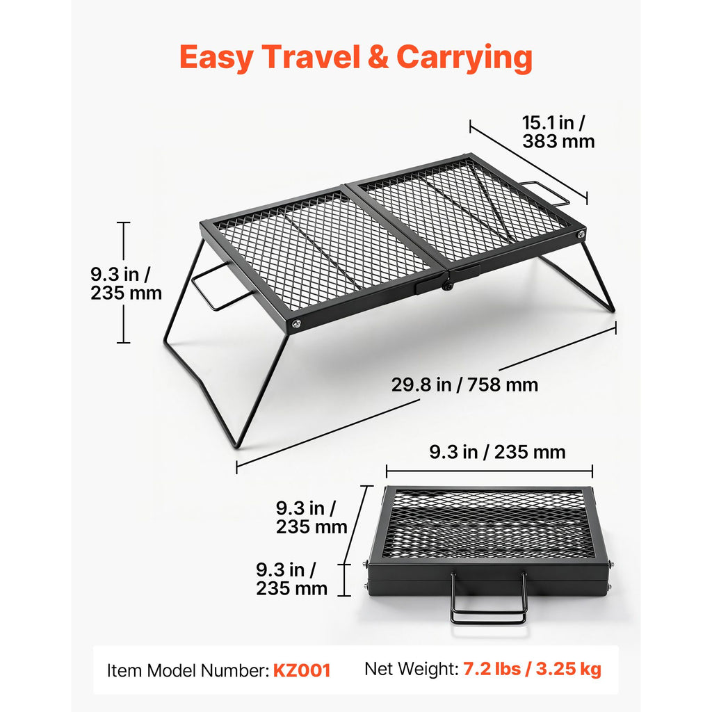 Heavy Duty Folding Campfire Grill, 24" Portable Camping Grill Grate, Sturdy Steel Mesh, Compact Equipment Over Fire Pit, with Legs and Handle, Grilling Rack for Outdoor Open Flame Cooking, Black