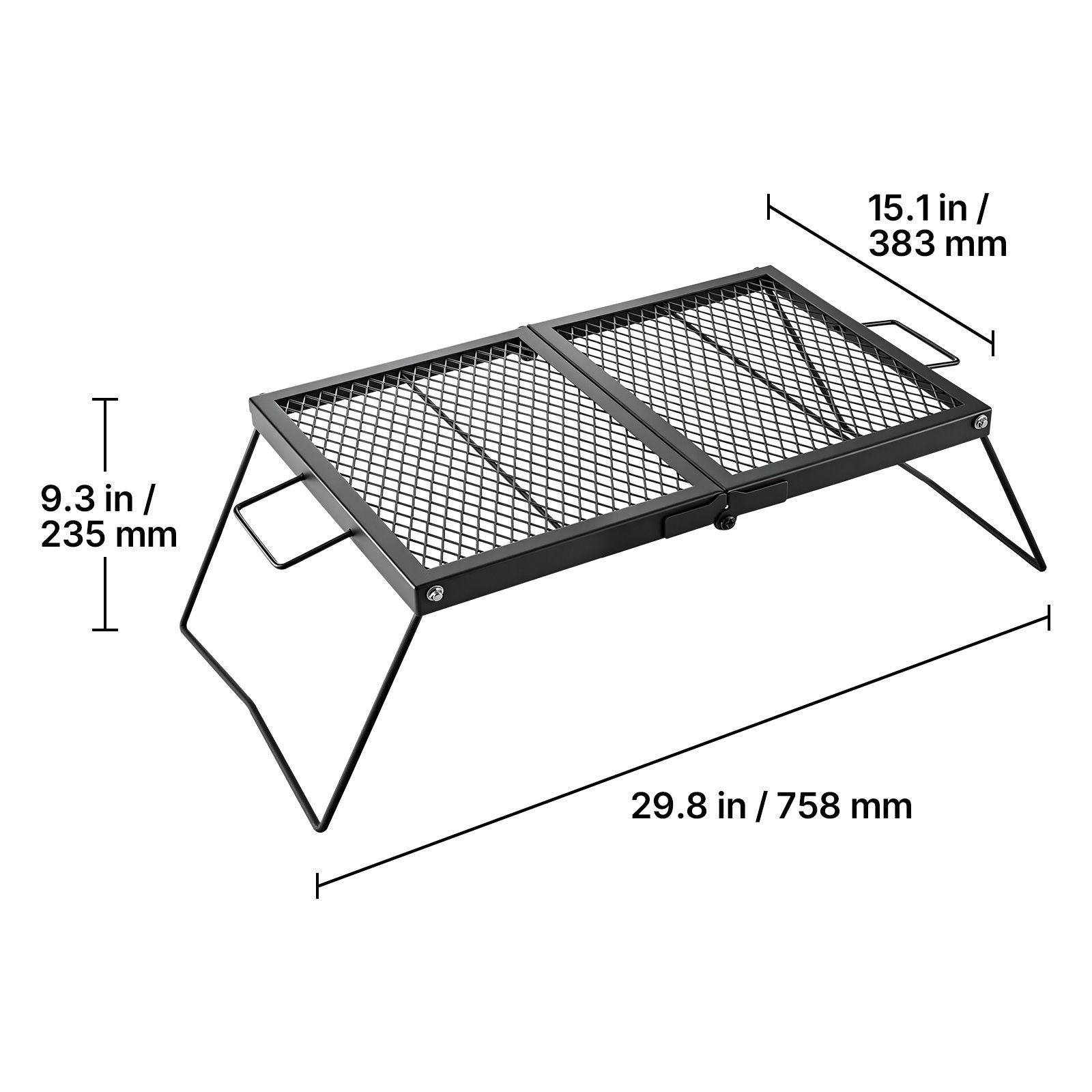 Heavy Duty Folding Campfire Grill, 24" Portable Camping Grill Grate, Sturdy Steel Mesh, Compact Equipment Over Fire Pit, with Legs and Handle, Grilling Rack for Outdoor Open Flame Cooking, Black