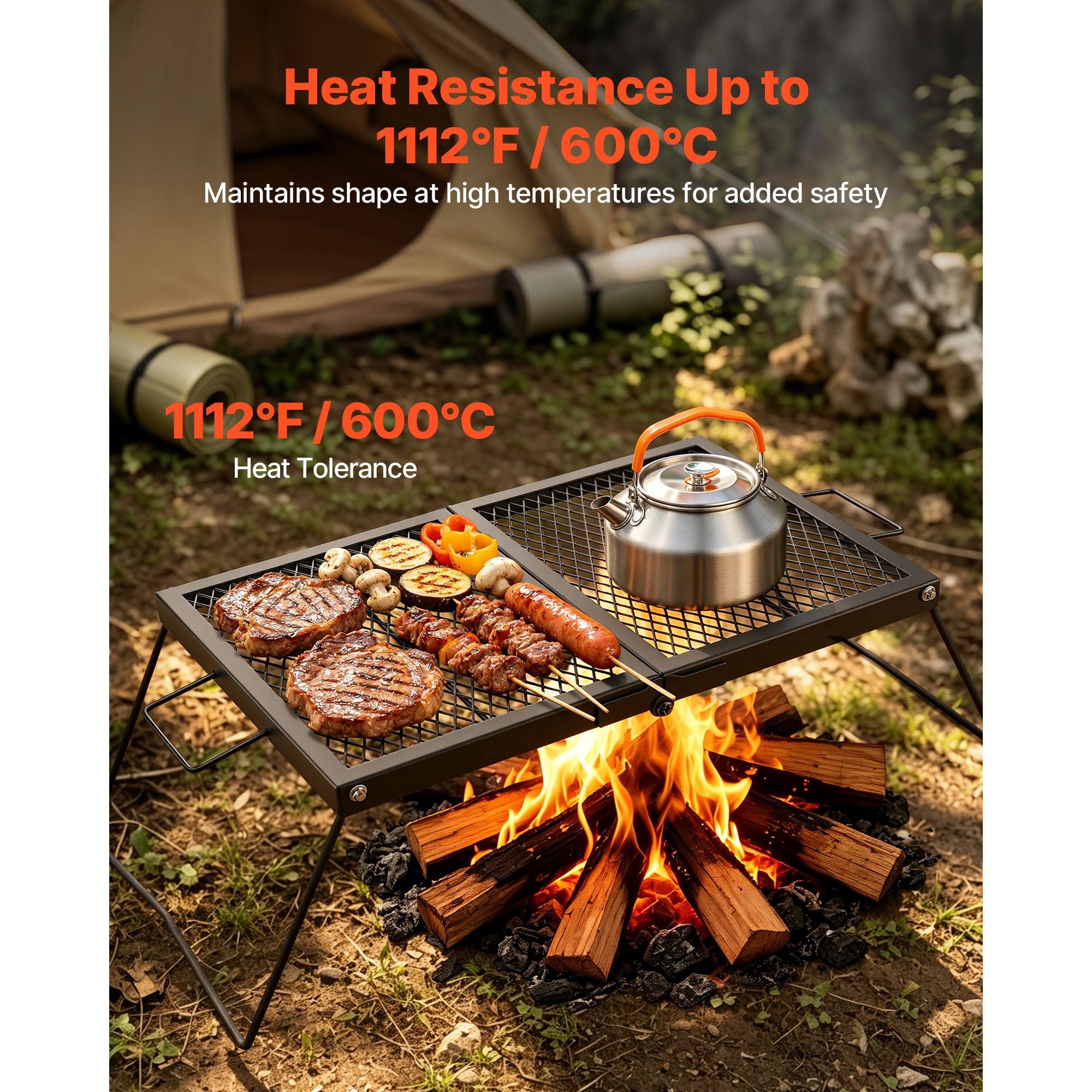 Heavy Duty Folding Campfire Grill, 24" Portable Camping Grill Grate, Sturdy Steel Mesh, Compact Equipment Over Fire Pit, with Legs and Handle, Grilling Rack for Outdoor Open Flame Cooking, Black