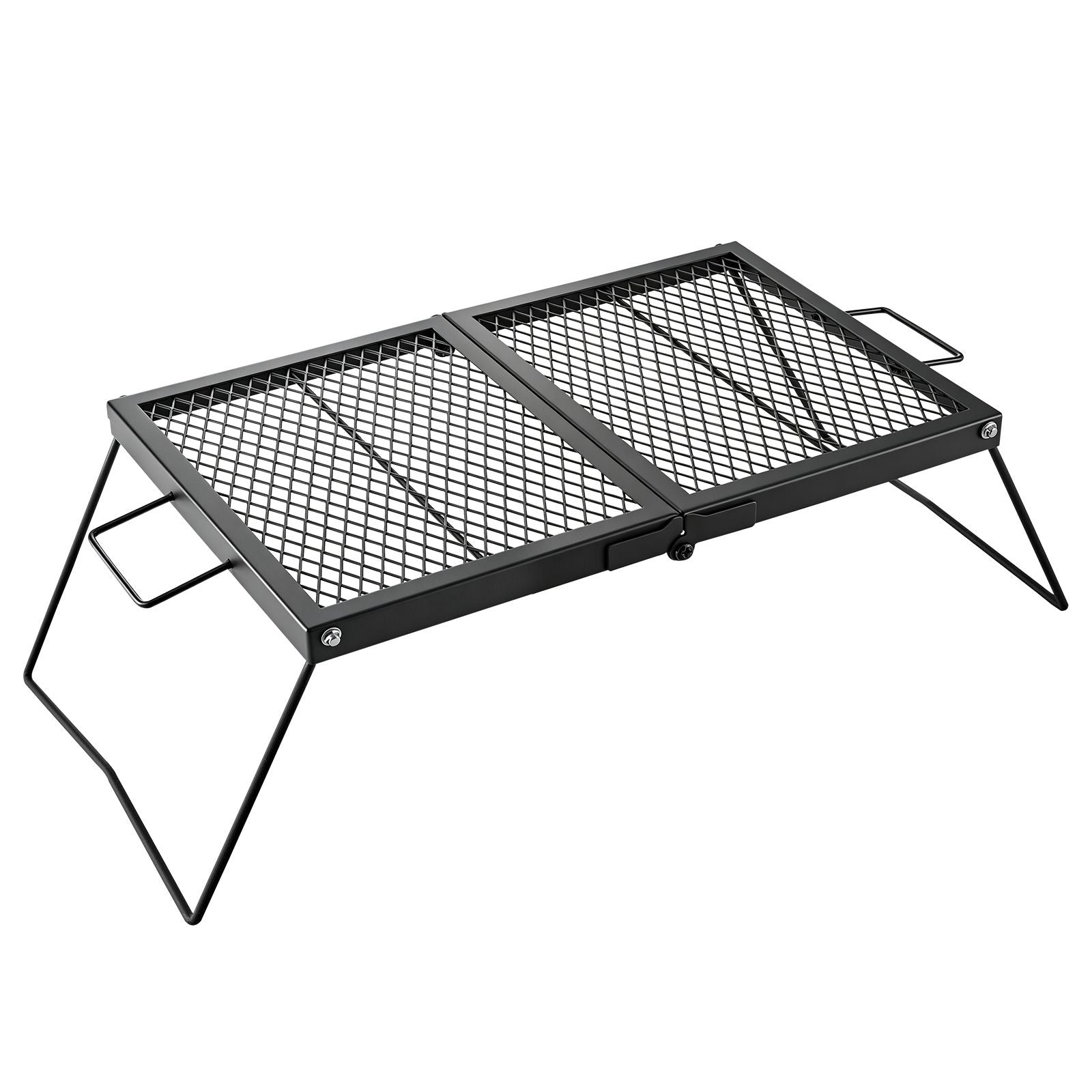 Heavy Duty Folding Campfire Grill, 24" Portable Camping Grill Grate, Sturdy Steel Mesh, Compact Equipment Over Fire Pit, with Legs and Handle, Grilling Rack for Outdoor Open Flame Cooking, Black