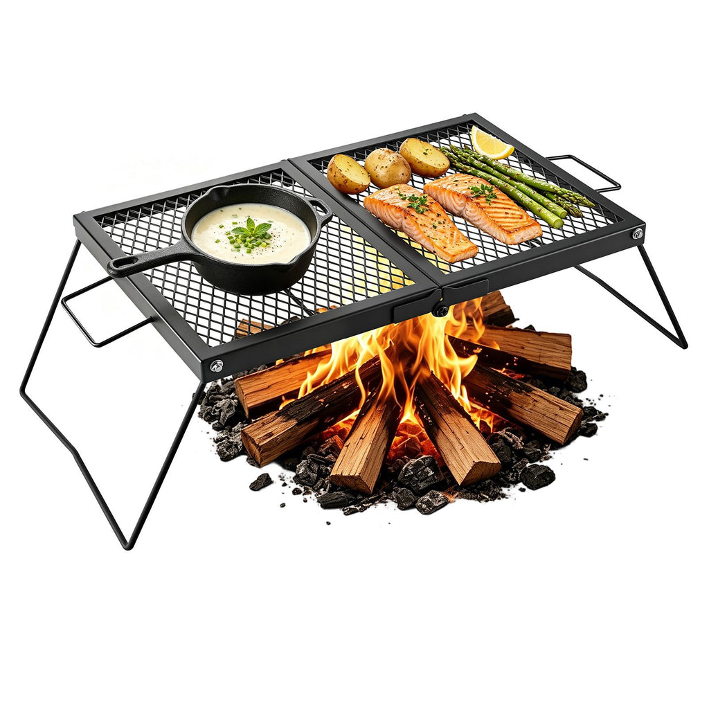 Heavy Duty Folding Campfire Grill, 24" Portable Camping Grill Grate, Sturdy Steel Mesh, Compact Equipment Over Fire Pit, with Legs and Handle, Grilling Rack for Outdoor Open Flame Cooking, Black