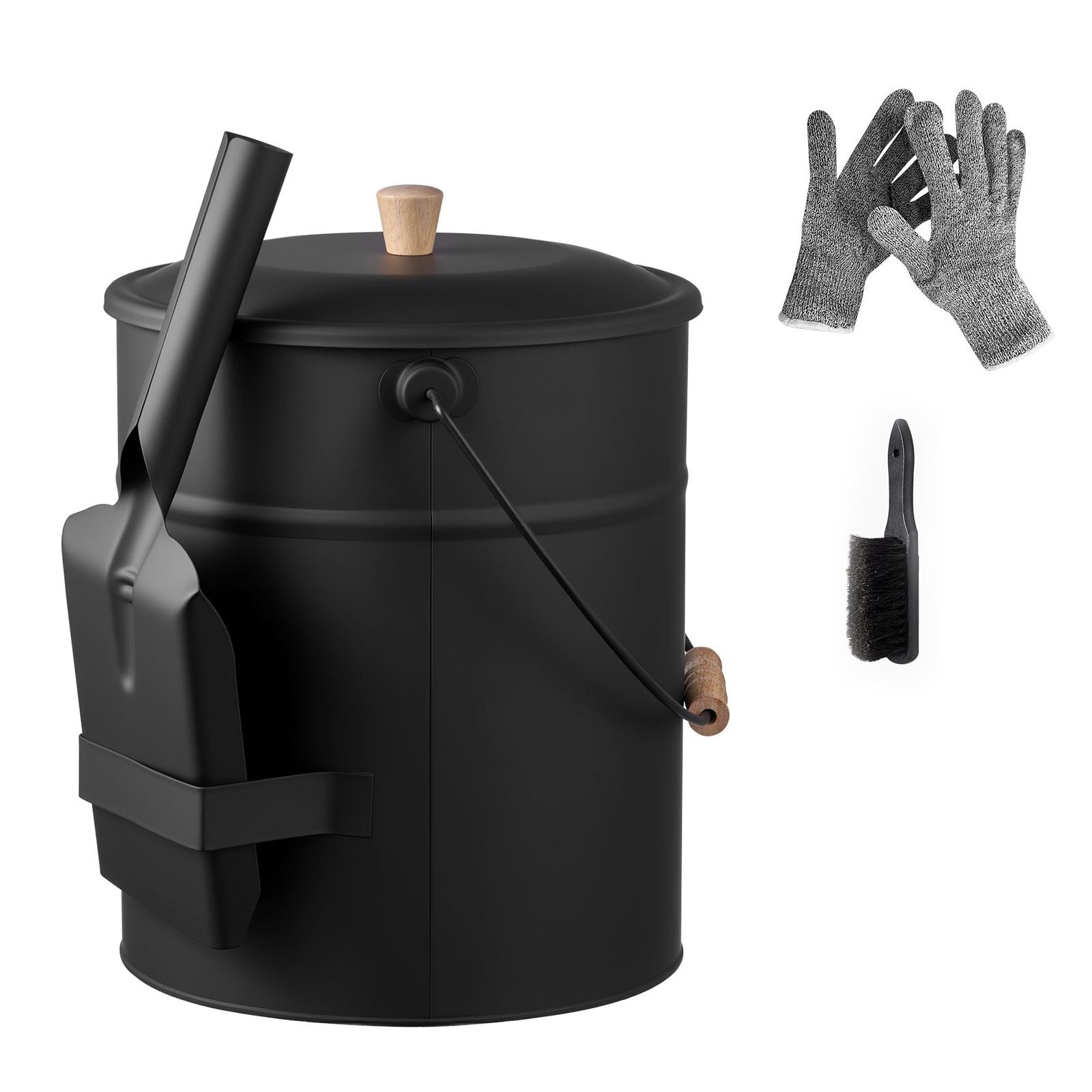 Ash Bucket, 4 PCS with Lid, Shovel, Broom and Gloves, Metal Fireplace Charcoal Bucket and Ash Can, 4 GAL Large Capacity for Fireplace, Fire Pits, Wood Burning Stoves, Indoor and Outdoor