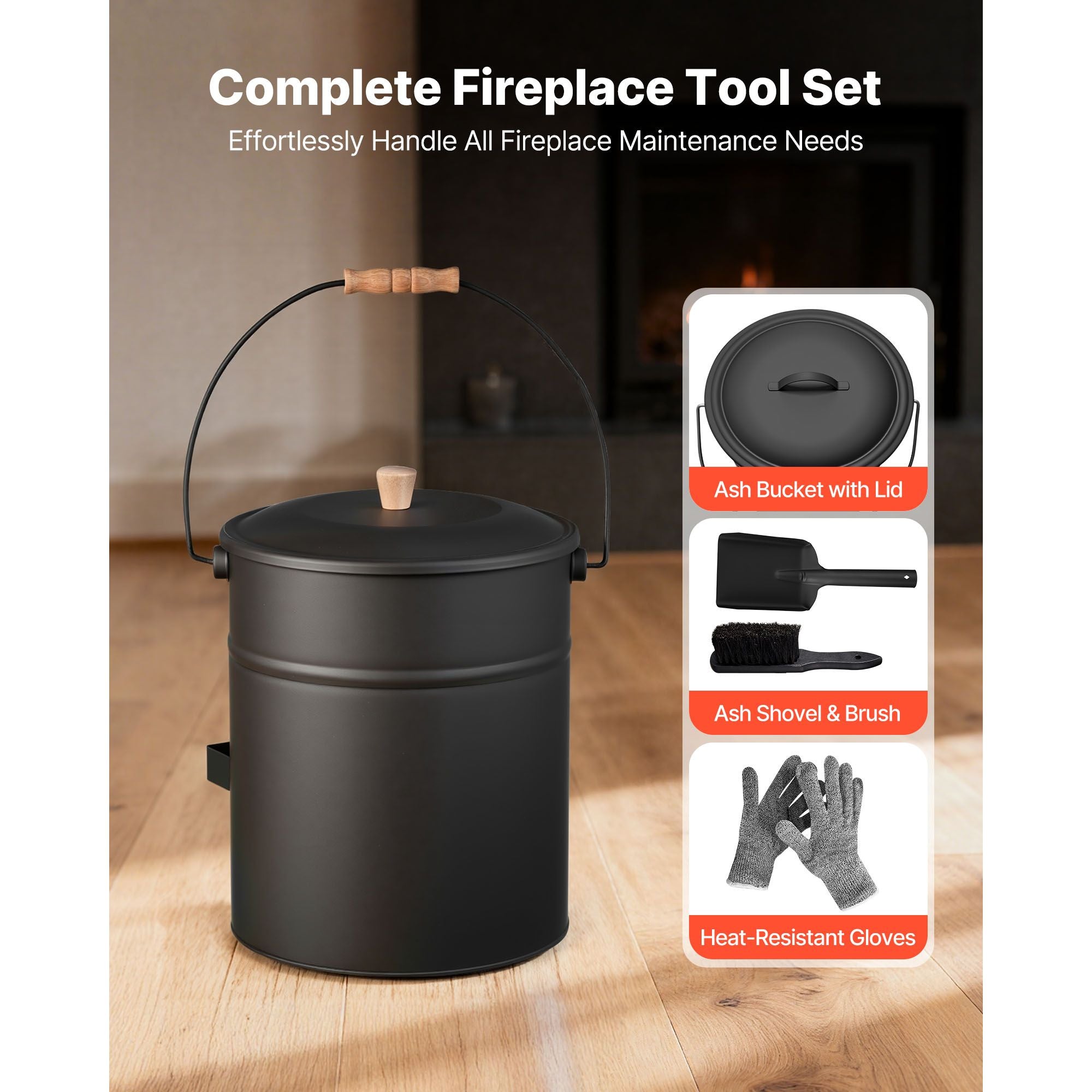 Ash Bucket, 4 PCS with Lid, Shovel, Broom and Gloves, Metal Fireplace Charcoal Bucket and Ash Can, 4 GAL Large Capacity for Fireplace, Fire Pits, Wood Burning Stoves, Indoor and Outdoor