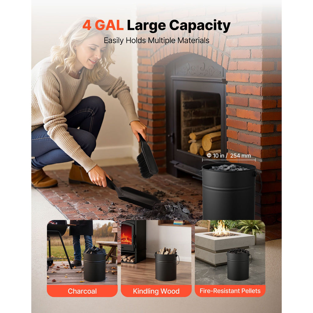 Ash Bucket, 4 PCS with Lid, Shovel, Broom and Gloves, Metal Fireplace Charcoal Bucket and Ash Can, 4 GAL Large Capacity for Fireplace, Fire Pits, Wood Burning Stoves, Indoor and Outdoor