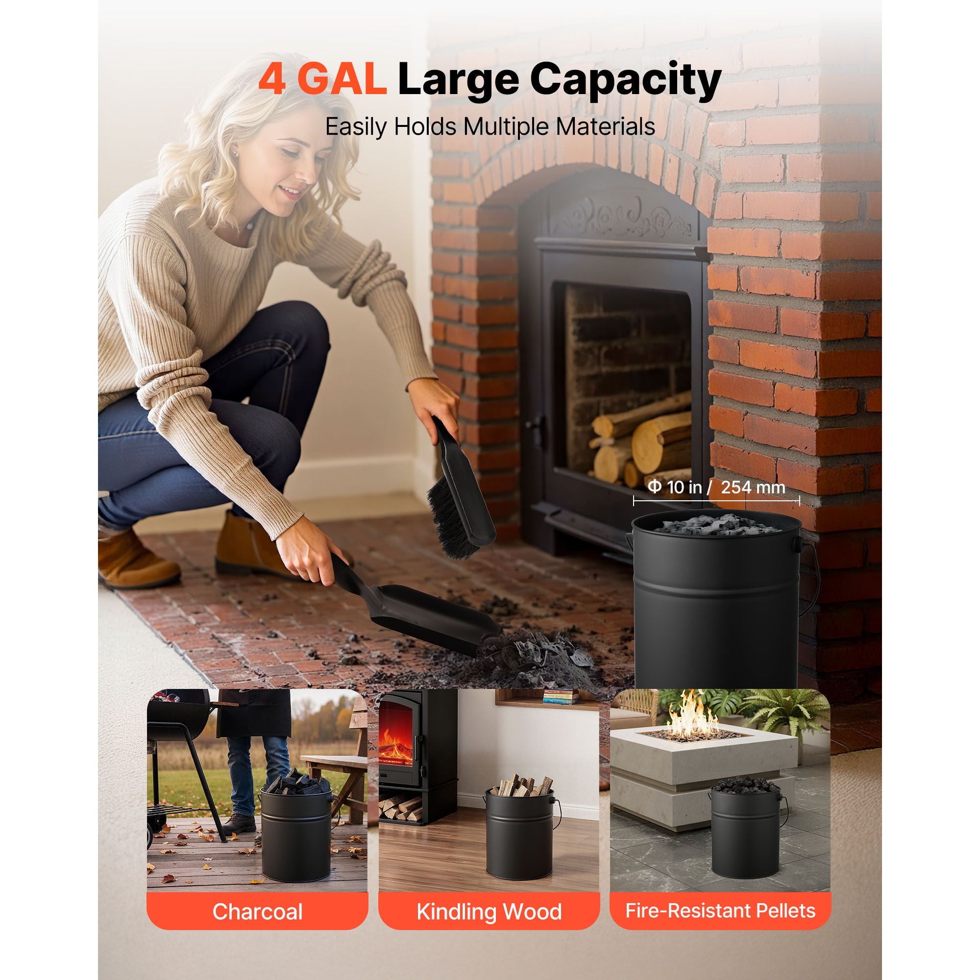 Ash Bucket, 4 PCS with Lid, Shovel, Broom and Gloves, Metal Fireplace Charcoal Bucket and Ash Can, 4 GAL Large Capacity for Fireplace, Fire Pits, Wood Burning Stoves, Indoor and Outdoor