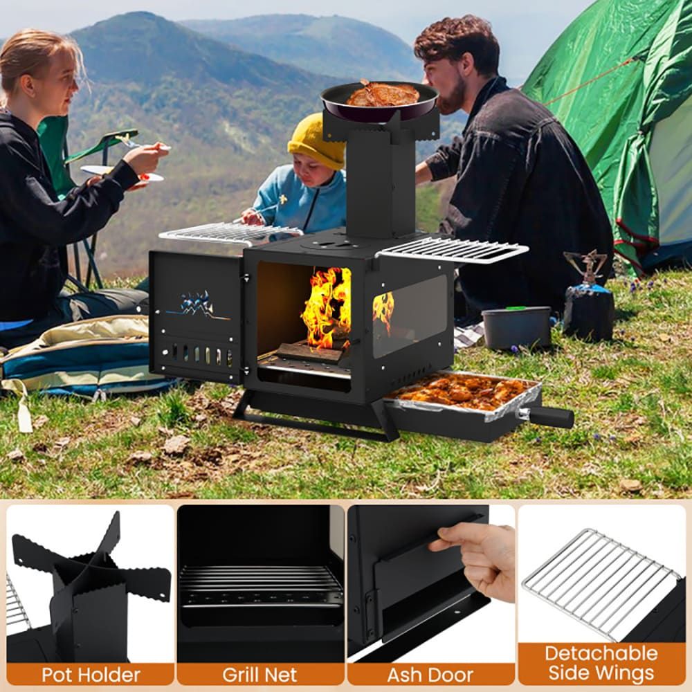 Portable Wood Burning Stove Mini Heater Burner with Pot Rack Oven Pan