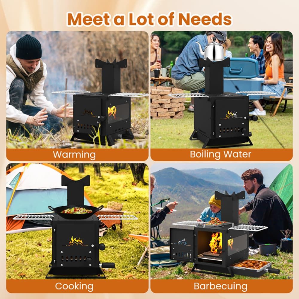 Portable Wood Burning Stove Mini Heater Burner with Pot Rack Oven Pan
