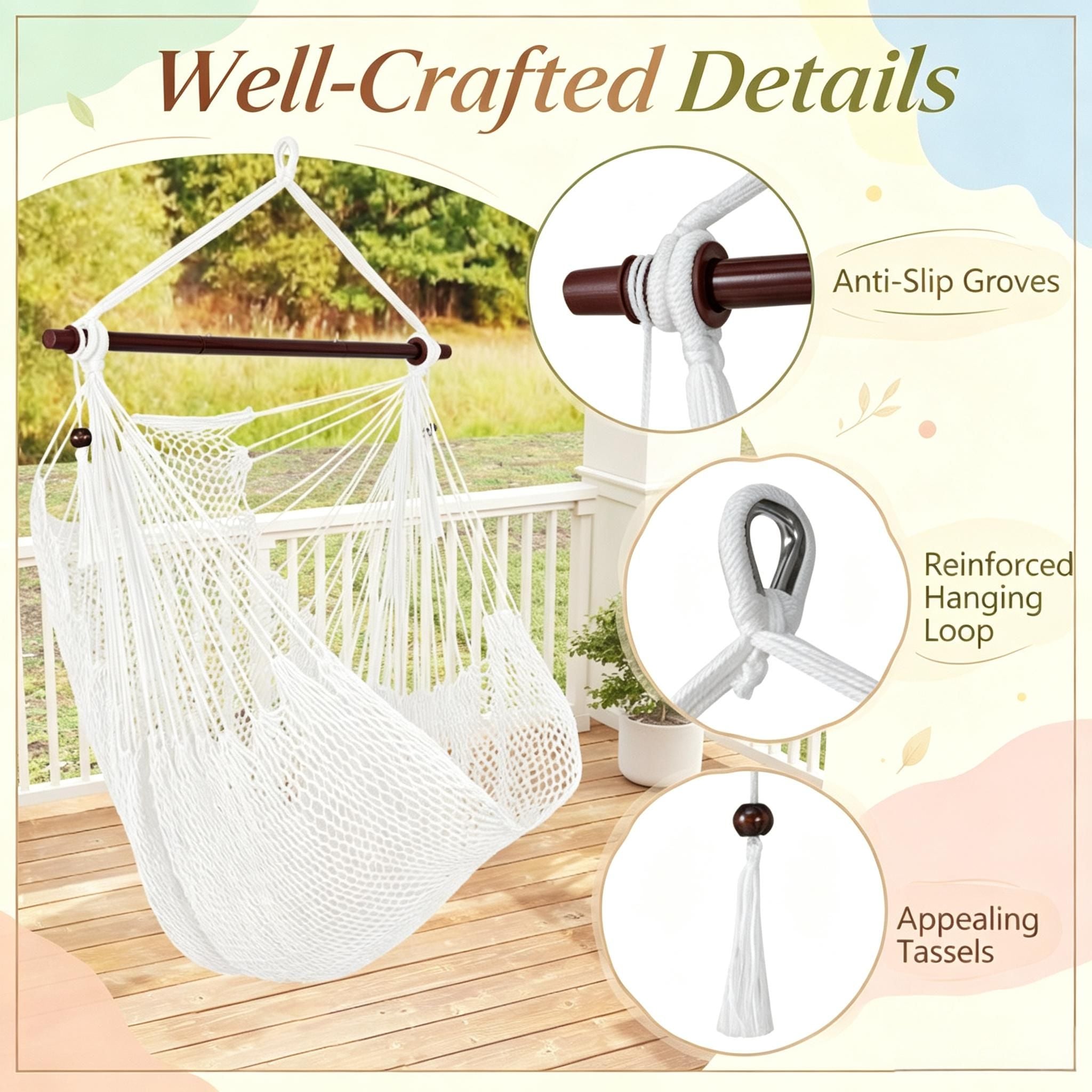 Caribbean Style Hammock Chair Woven Rope Swing with Metal Spreader Bar for Outdoor Indoor Home Garden Porch Swinging Chair-Excluding seat cushion