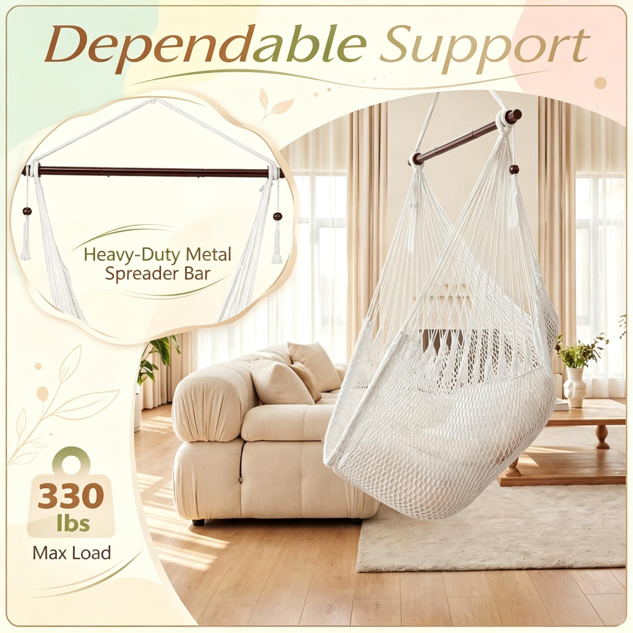 Caribbean Style Hammock Chair Woven Rope Swing with Metal Spreader Bar for Outdoor Indoor Home Garden Porch Swinging Chair-Excluding seat cushion