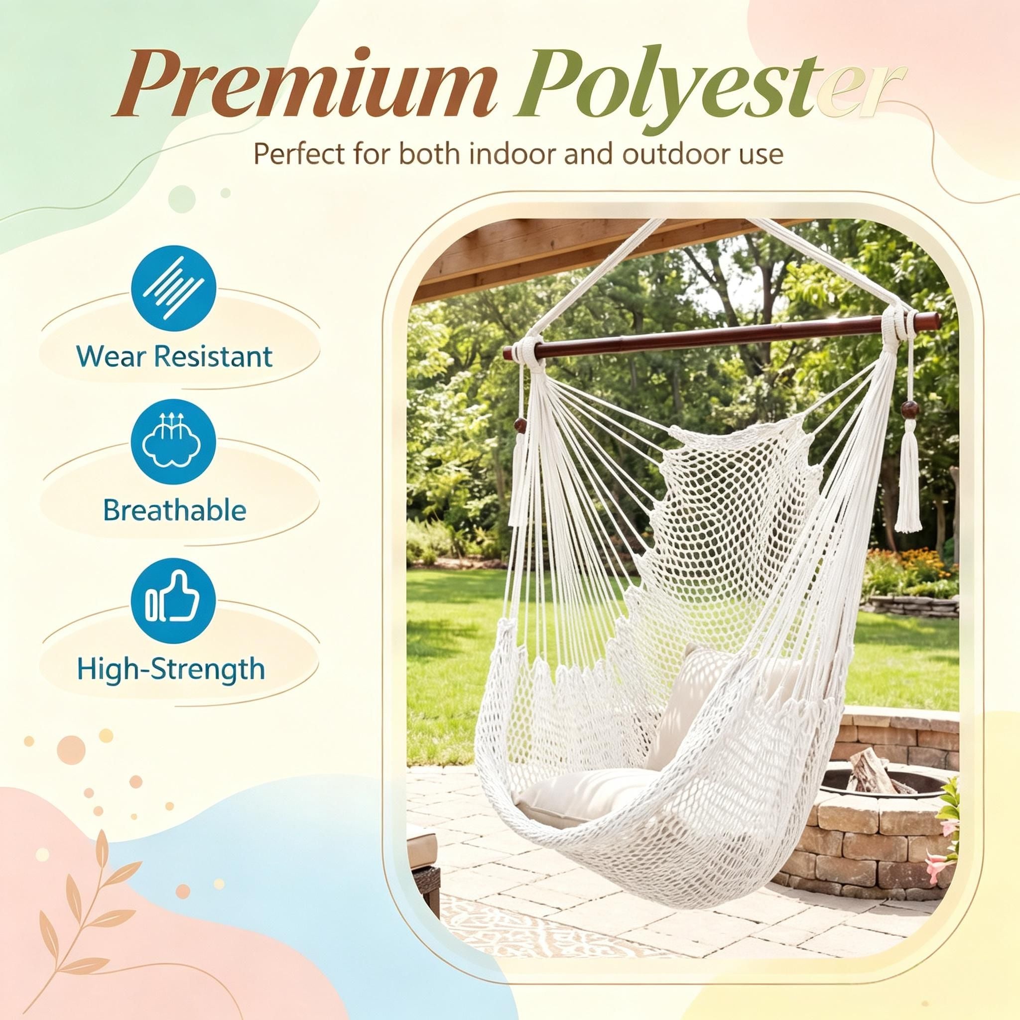 Caribbean Style Hammock Chair Woven Rope Swing with Metal Spreader Bar for Outdoor Indoor Home Garden Porch Swinging Chair-Excluding seat cushion