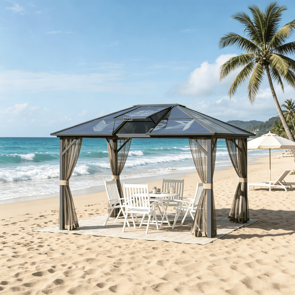 10' X 12' Hardtop Gazebo Canopy - Aluminum Frame Polycarbonate Roof Permanent Outdoor Pavilion for Patio Garden Backyard Deck Lawn Gray Brown
