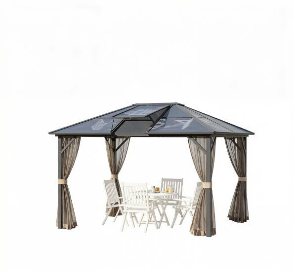 10' X 12' Hardtop Gazebo Canopy - Aluminum Frame Polycarbonate Roof Permanent Outdoor Pavilion for Patio Garden Backyard Deck Lawn Gray Brown