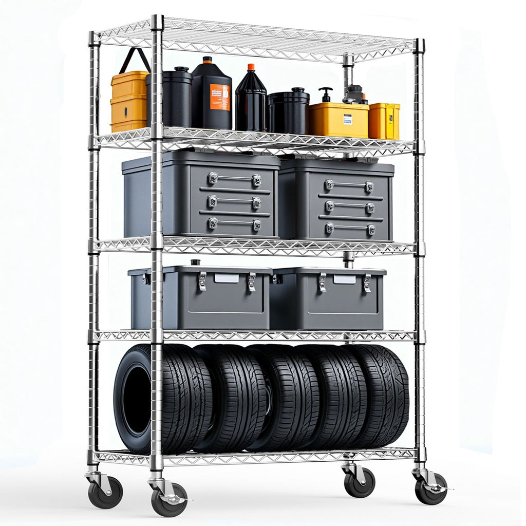 Steel Storage Shelving 5-Tier Utility Shelving Unit Steel Organizer Wire Rack with Wheels for Home,Kitchen,Office,Garage, 1750 LBS Capacity 17.7" D x 47.2" W x 75.6" H