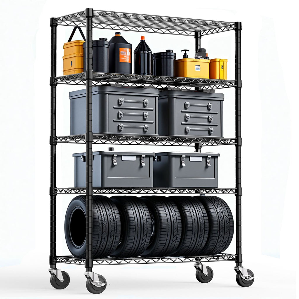 Steel Storage Shelving 5-Tier Utility Shelving Unit Steel Organizer Wire Rack with Wheels for Home,Kitchen,Office,Garage, 1750 LBS Capacity 17.7" D x 47.2" W x 75.6" H