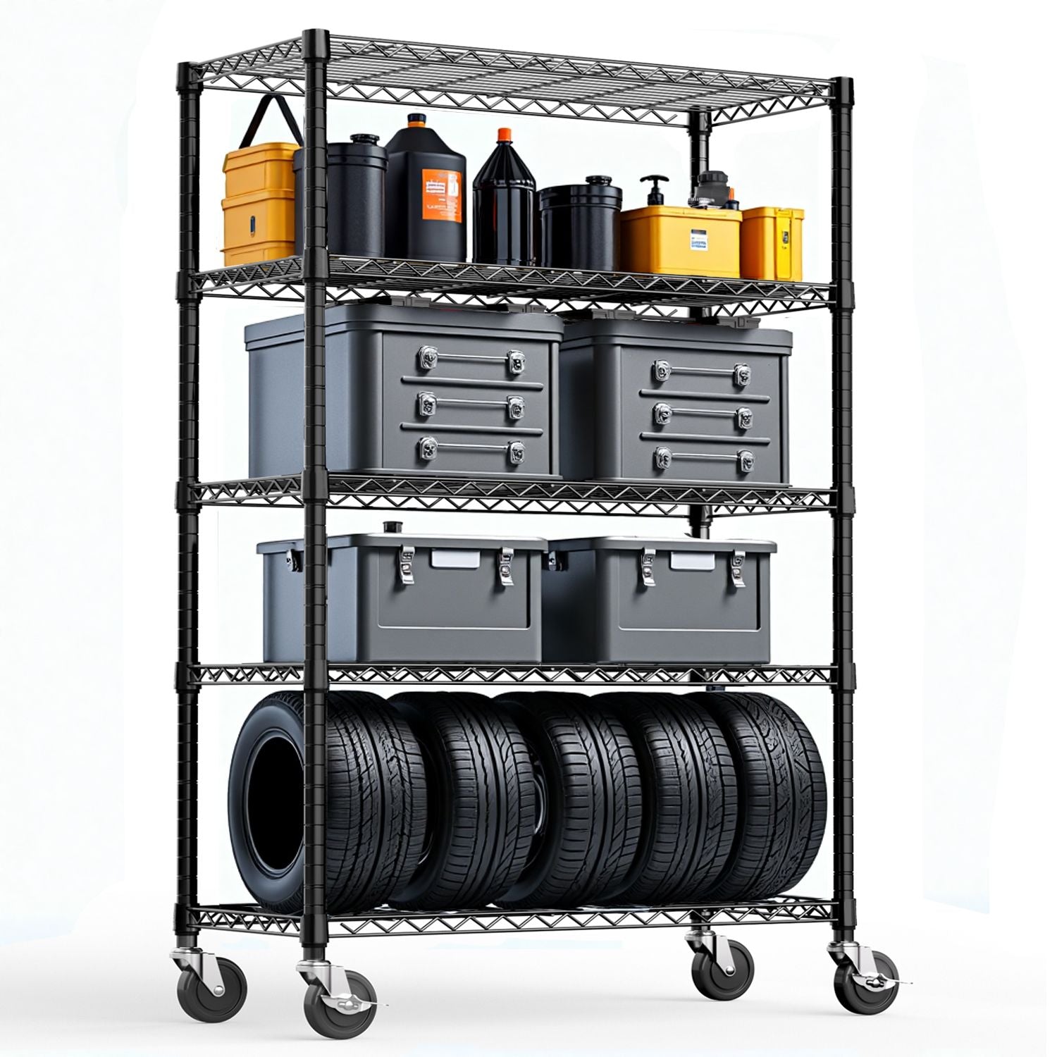 Steel Storage Shelving 5-Tier Utility Shelving Unit Steel Organizer Wire Rack with Wheels for Home,Kitchen,Office,Garage, 1750 LBS Capacity 17.7" D x 47.2" W x 75.6" H