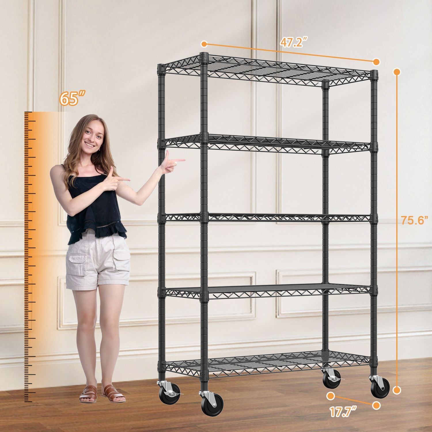 Steel Storage Shelving 5-Tier Utility Shelving Unit Steel Organizer Wire Rack with Wheels for Home,Kitchen,Office,Garage, 1750 LBS Capacity 17.7" D x 47.2" W x 75.6" H