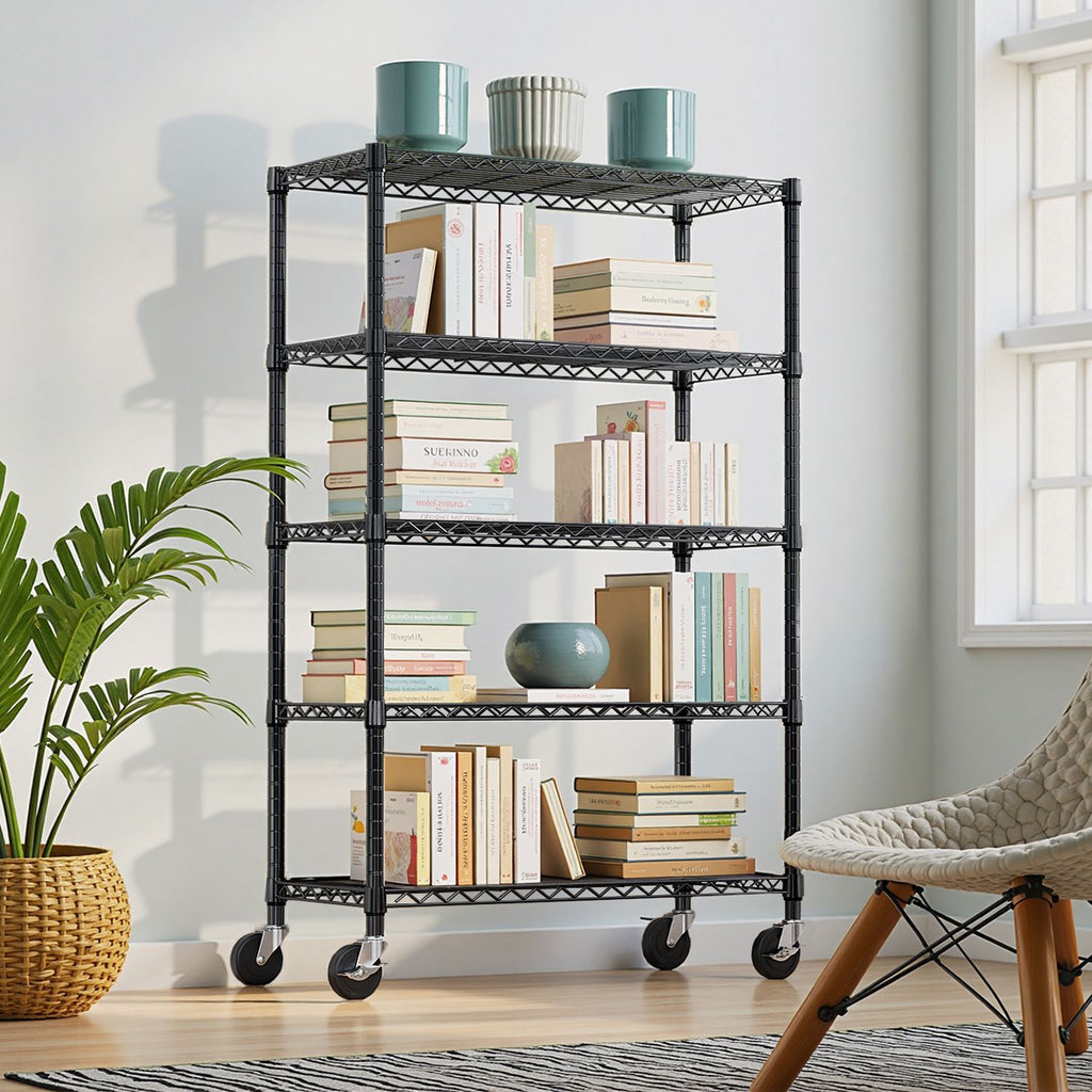 Steel Storage Shelving 5-Tier Utility Shelving Unit Steel Organizer Wire Rack with Wheels for Home,Kitchen,Office,Garage, 1750 LBS Capacity 17.7" D x 47.2" W x 75.6" H