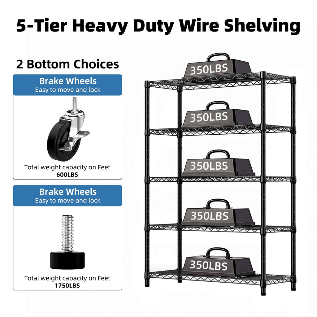 Steel Storage Shelving 5-Tier Utility Shelving Unit Steel Organizer Wire Rack with Wheels for Home,Kitchen,Office,Garage, 1750 LBS Capacity 17.7" D x 47.2" W x 75.6" H