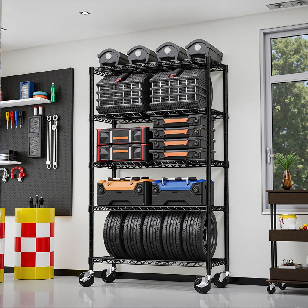 Steel Storage Shelving 5-Tier Utility Shelving Unit Steel Organizer Wire Rack with Wheels for Home,Kitchen,Office,Garage, 1750 LBS Capacity 17.7" D x 47.2" W x 75.6" H